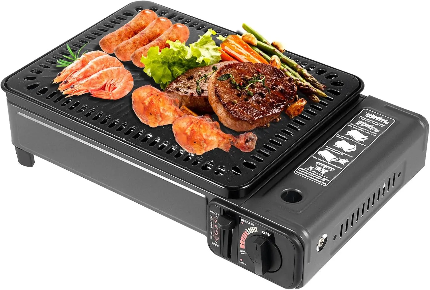 Gas Grill Butane Grill Stove, Portable Camping Grill Gas Stove Free Standing BBQ Grill Portable Butane Gas Stove w/Grilling Net Carry Case for Camping Traveling Outdoor Cooking, Black