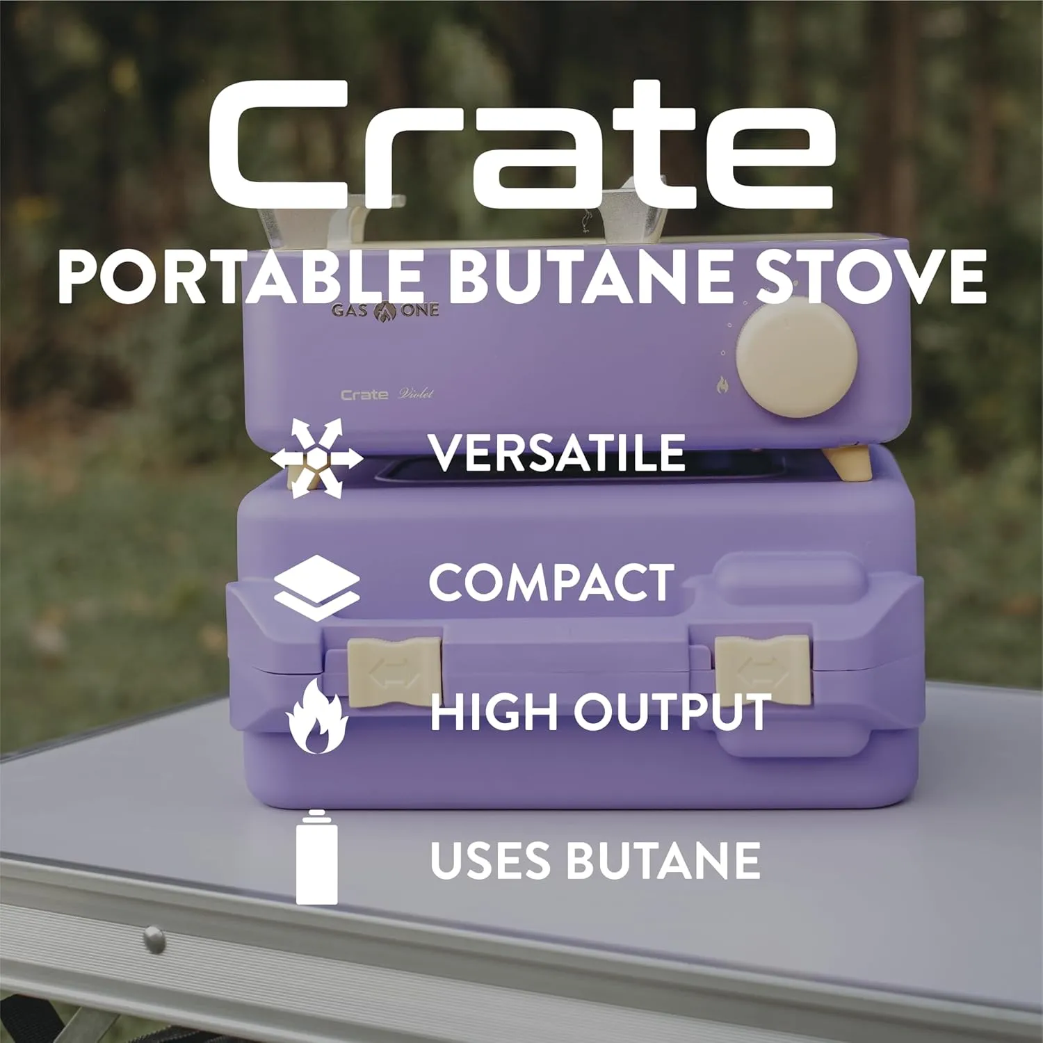 Gas One Butane Fuel Camp Stove – Crate Series - Mini Stove for Camping, Hiking – Portable Gas Stove with Spiral Flame – Even Heat Distribution – Modern and Easy to Use (Violet)