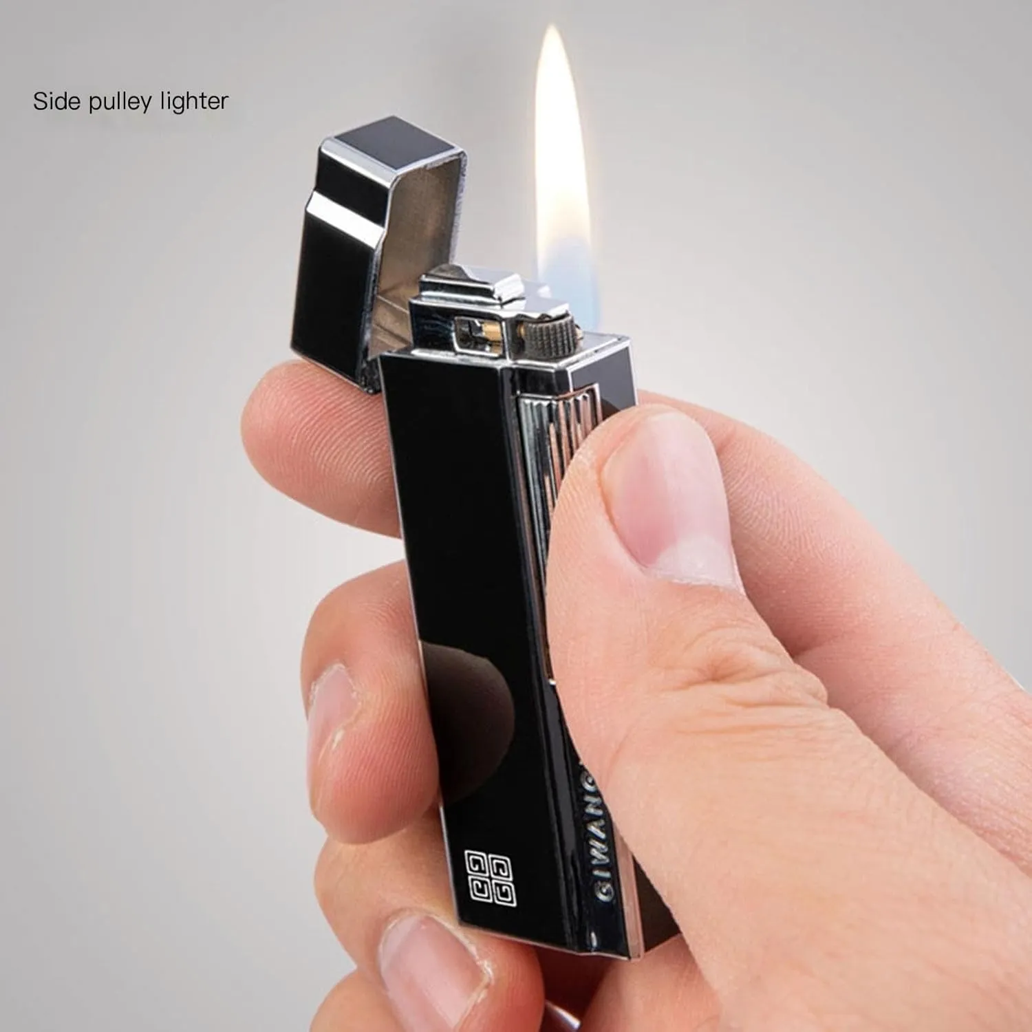 Gas Refillable Windproof Open Flame Lighter，Vertical Ignition Roller, Flint Lighter with Gift Box for Candle BBQ Camping 【Butane Not Included】(Color:Gold)