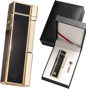 Gas Refillable Windproof Open Flame Lighter，Vertical Ignition Roller, Flint Lighter with Gift Box for Candle BBQ Camping 【Butane Not Included】(Color:Gold)