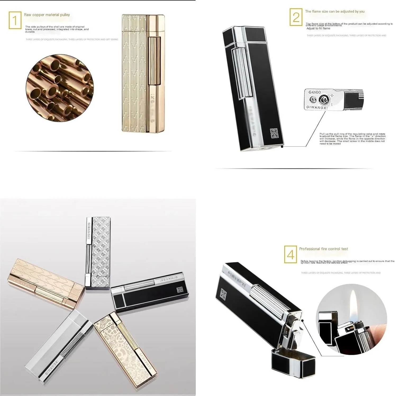 Gas Refillable Windproof Open Flame Lighter，Vertical Ignition Roller, Flint Lighter with Gift Box for Candle BBQ Camping 【Butane Not Included】(Color:Gold)