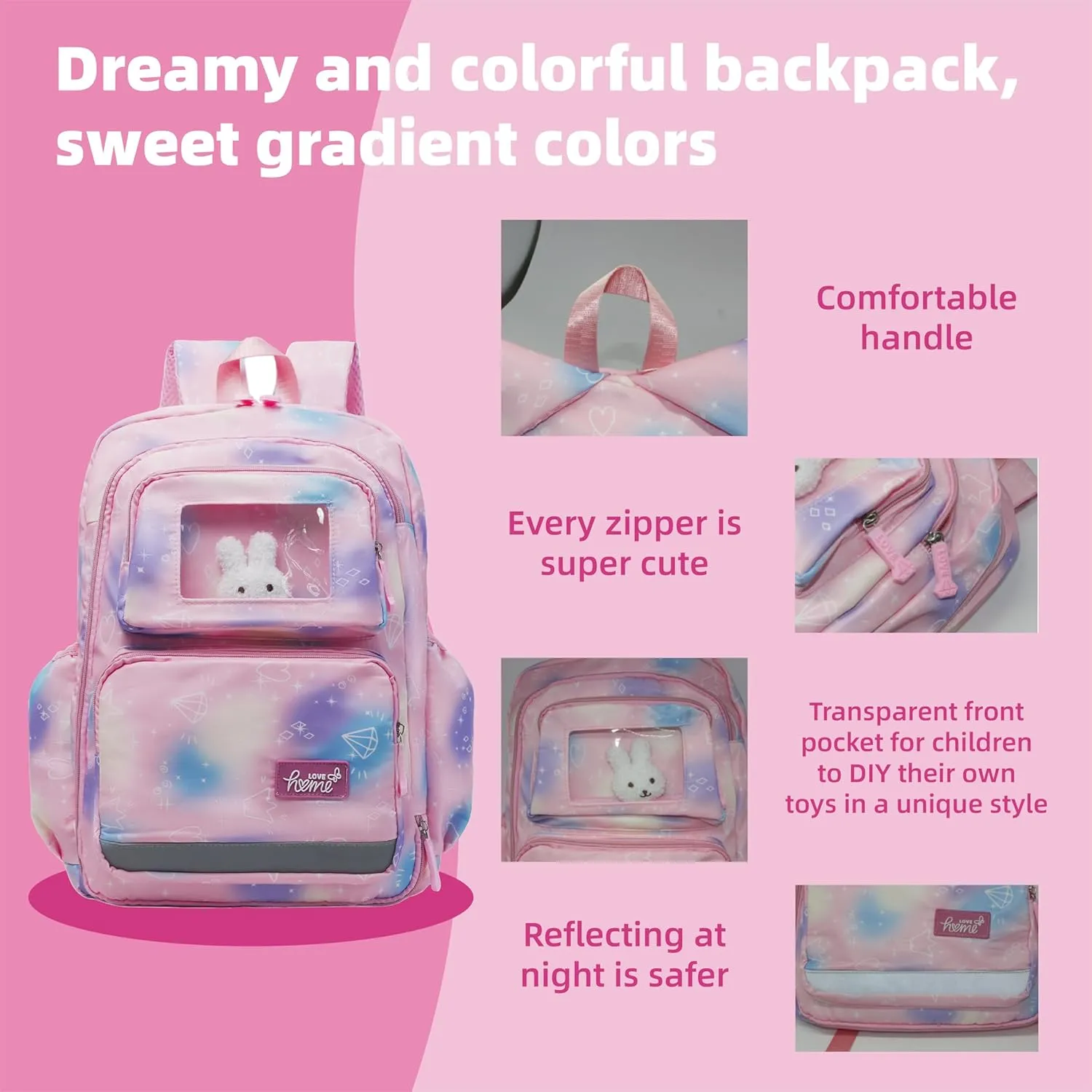 Geerlaqaly backpack, cute 180 ° zipper backpack, 17 inches, daily travel, with lunch bag,white