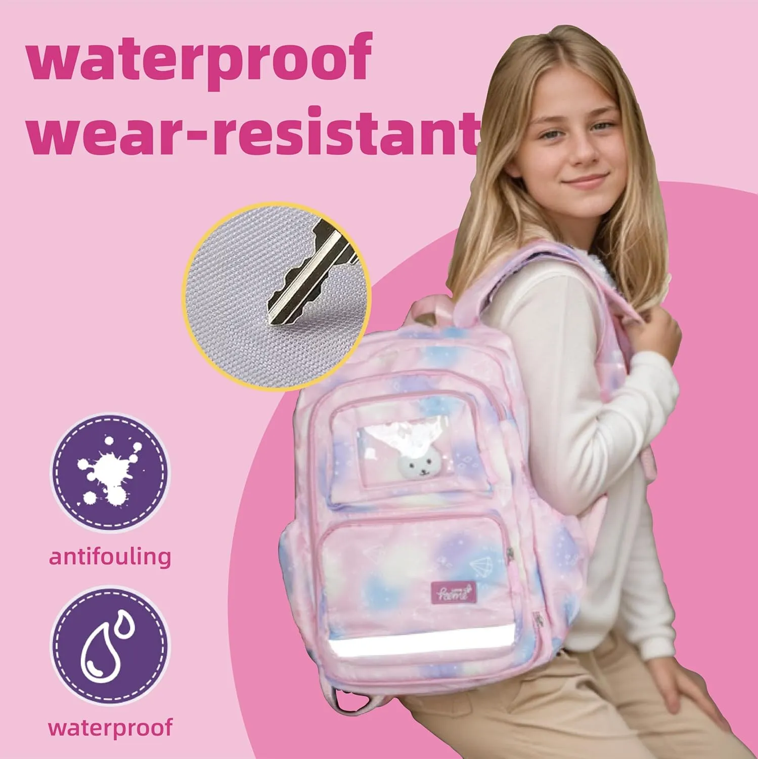 Geerlaqaly backpack, cute 180 ° zipper backpack, 17 inches, daily travel, with lunch bag,white