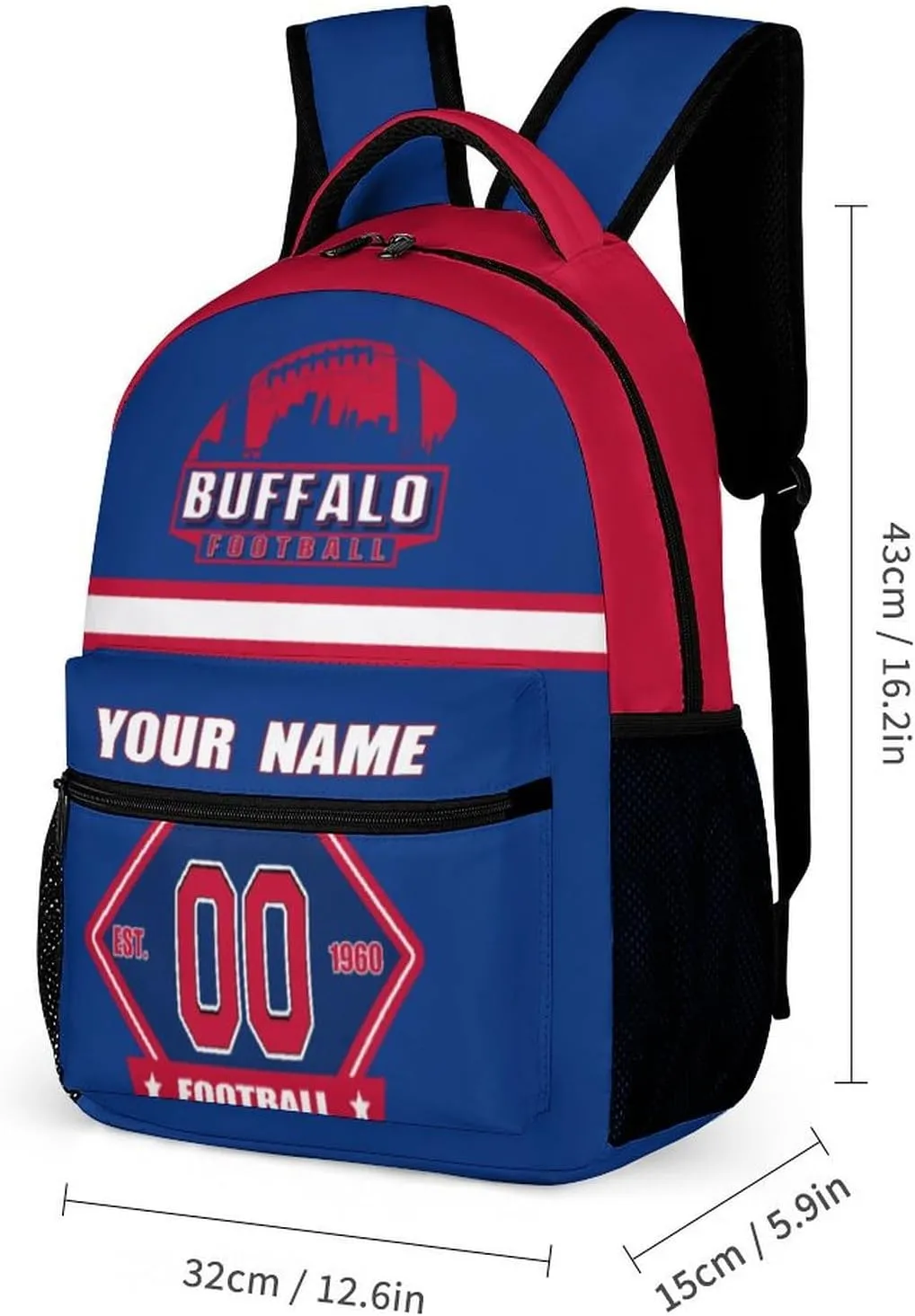 Generic Custom Backpack High Capacity Bag Football Fans Gifts for Men Women Teenager, Add Name & Number, Buf04-b