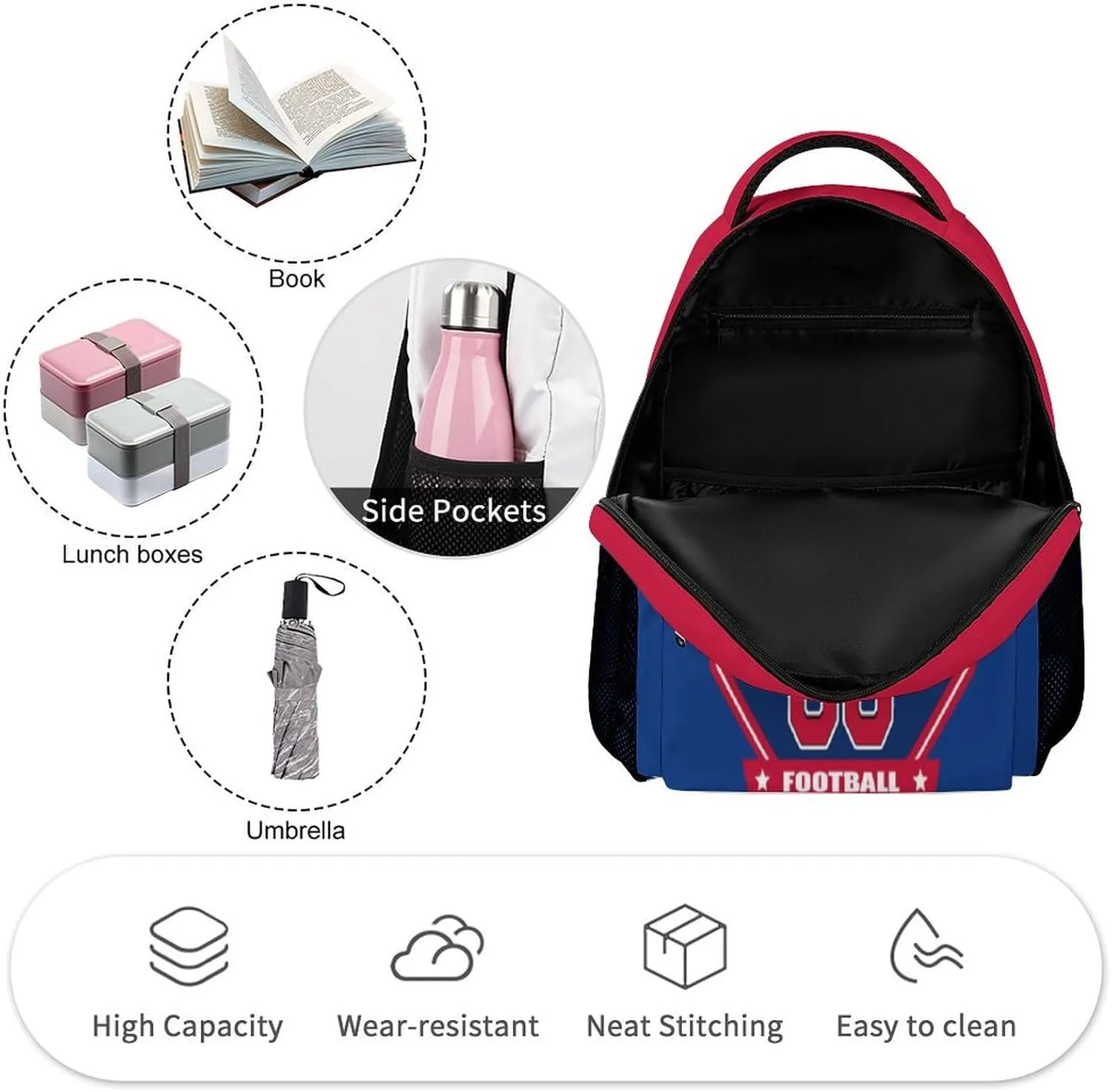 Generic Custom Backpack High Capacity Bag Football Fans Gifts for Men Women Teenager, Add Name & Number, Buf04-b