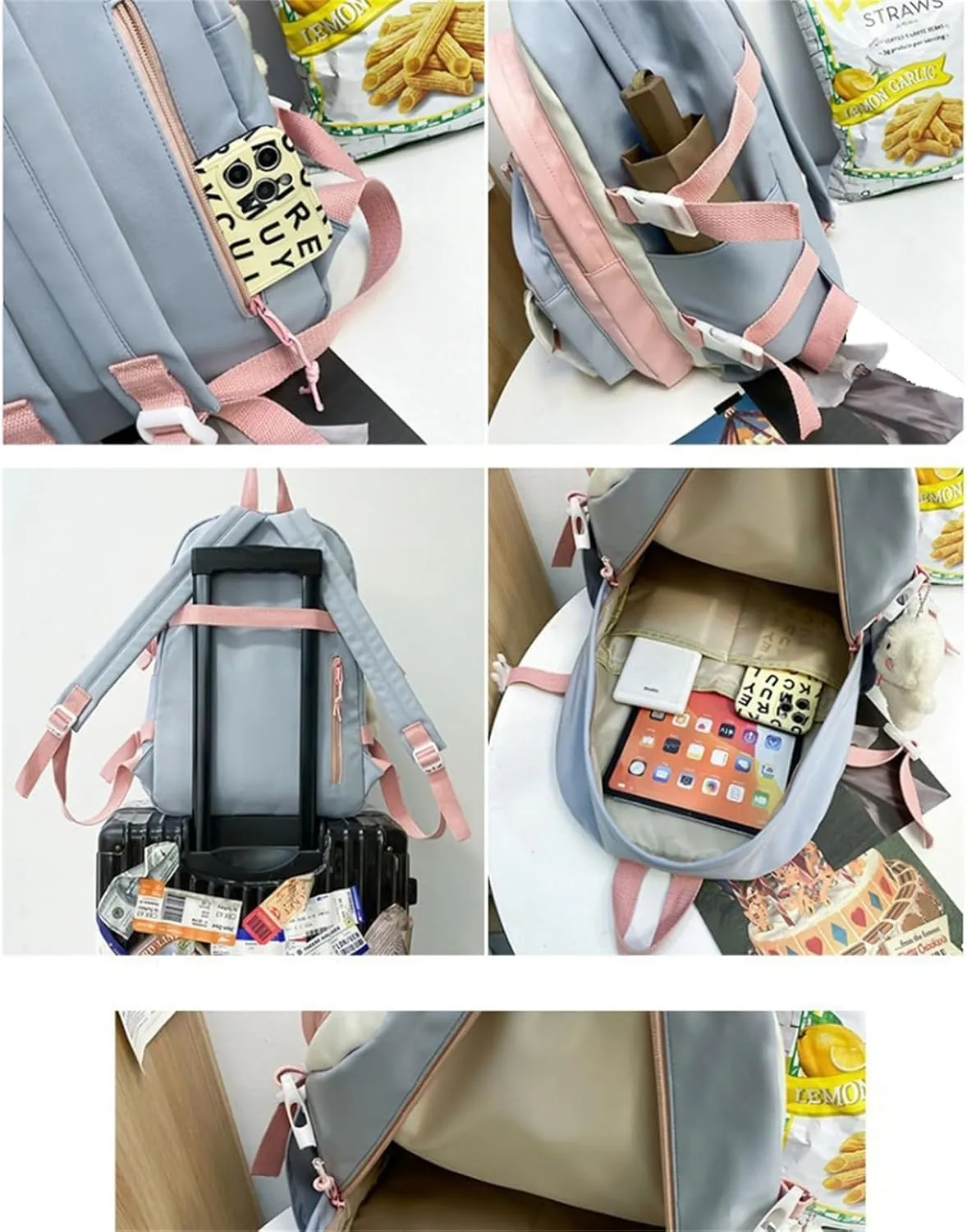 Generic Cute Aesthetic Backpack for Women Large Capacity Canvas Lightweight Bookbag Casual Daypack Work College Travel-Blue Two-Piece Set