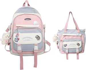 Generic Cute Aesthetic Backpack for Women Large Capacity Canvas Lightweight Bookbag Casual Daypack Work College Travel-Blue Two-Piece Set