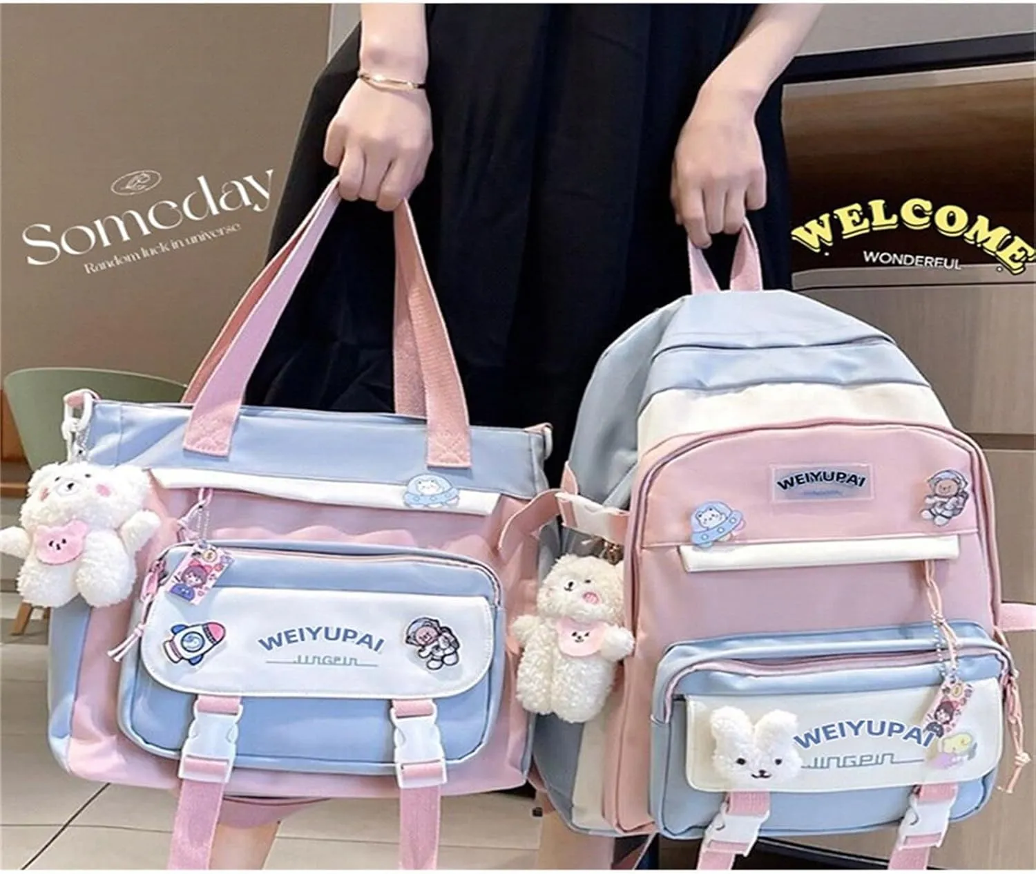 Generic Cute Aesthetic Backpack for Women Large Capacity Canvas Lightweight Bookbag Casual Daypack Work College Travel-Blue Two-Piece Set
