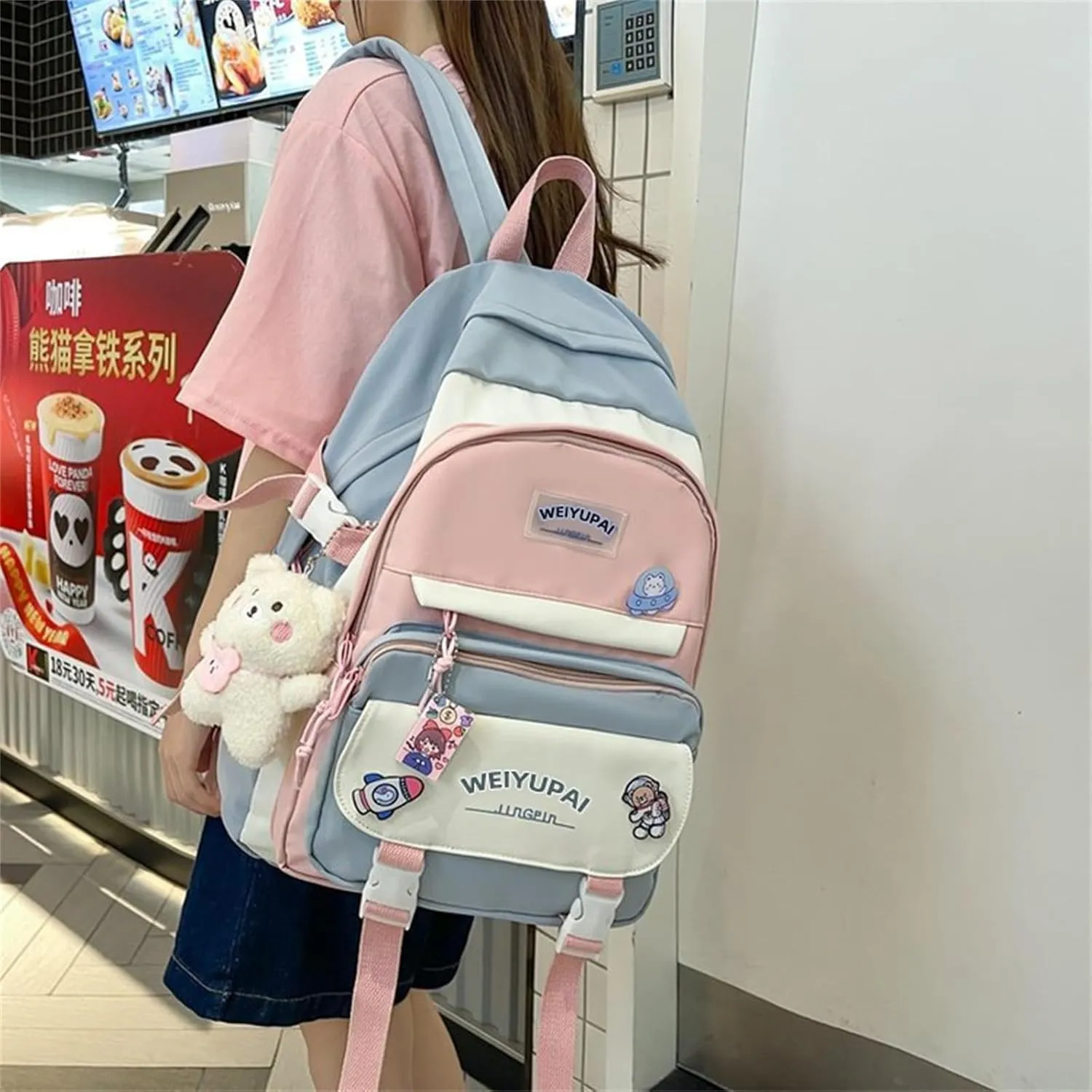 Generic Cute Aesthetic Backpack for Women Large Capacity Canvas Lightweight Bookbag Casual Daypack Work College Travel-Blue Two-Piece Set
