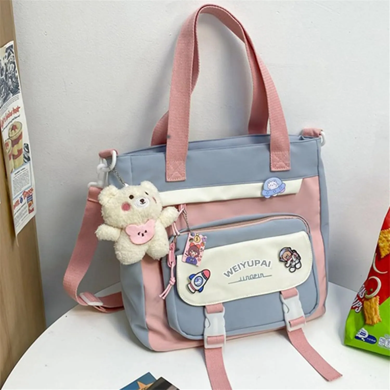 Generic Cute Aesthetic Backpack for Women Large Capacity Canvas Lightweight Bookbag Casual Daypack Work College Travel-Blue Two-Piece Set