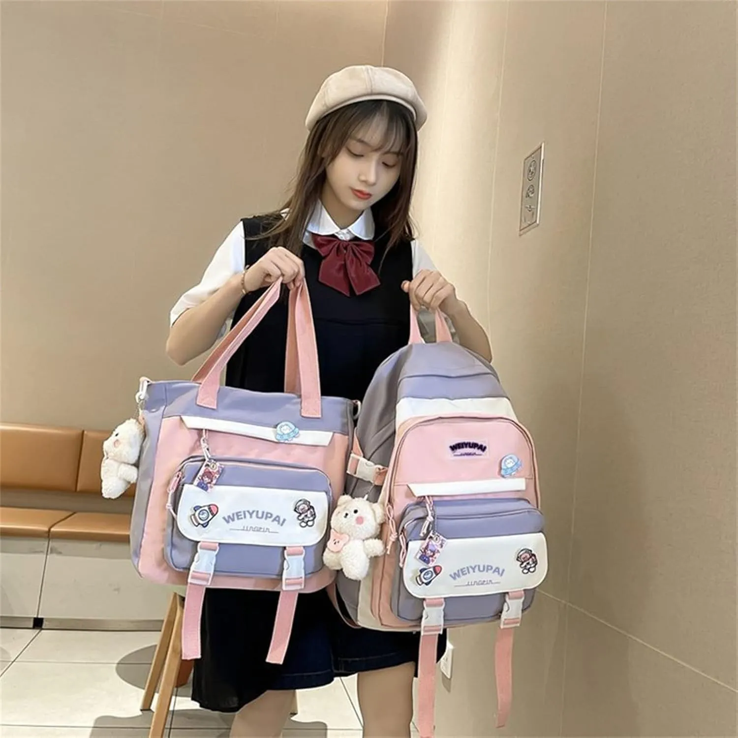 Generic Cute Aesthetic Backpack for Women Large Capacity Canvas Lightweight Bookbag Casual Daypack Work College Travel-Blue Two-Piece Set