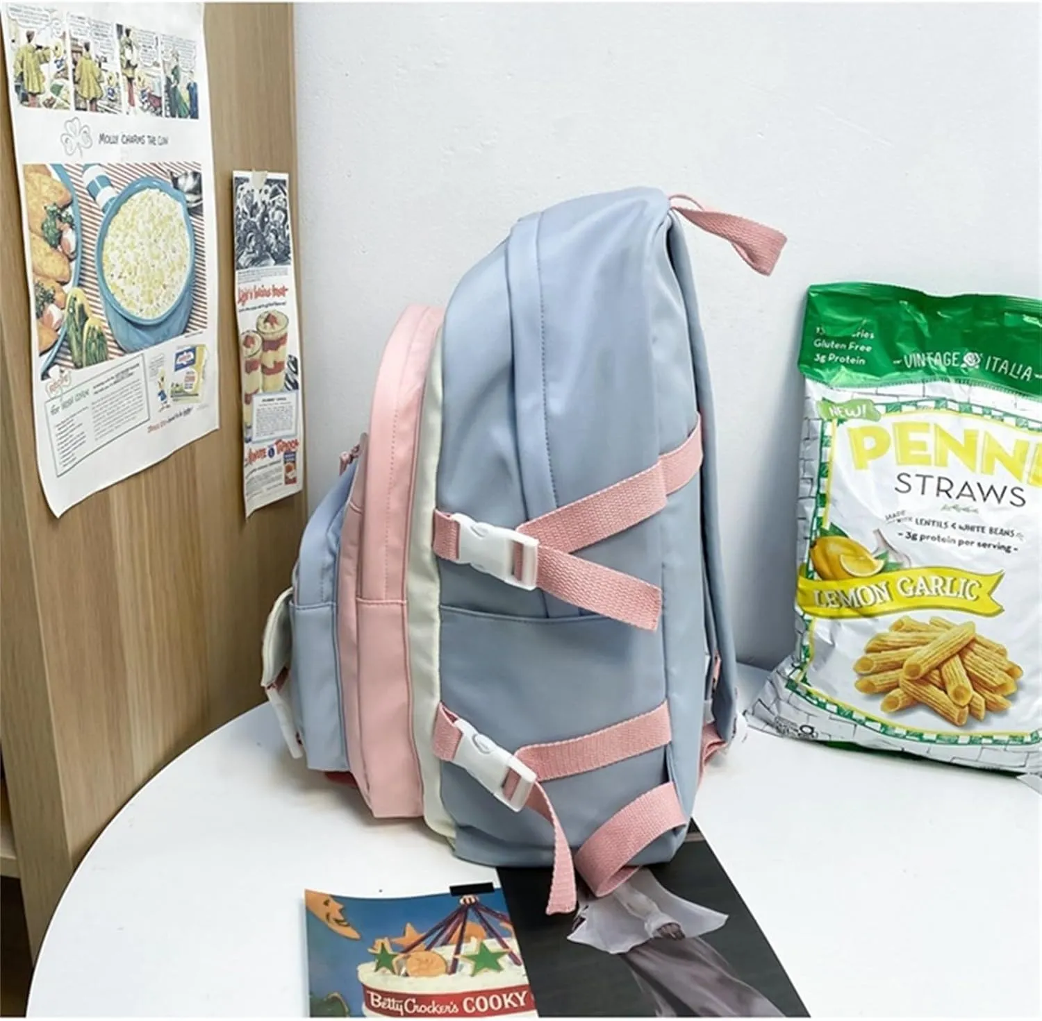 Generic Cute Aesthetic Backpack for Women Large Capacity Canvas Lightweight Bookbag Casual Daypack Work College Travel-Blue Two-Piece Set