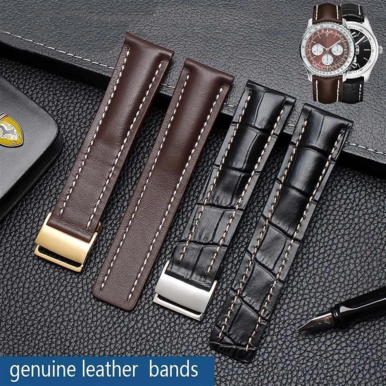 Genuine cow Leather Strap For Breitling watch Band with Deployment buckle WatchBands bracelet 22mm 24mm