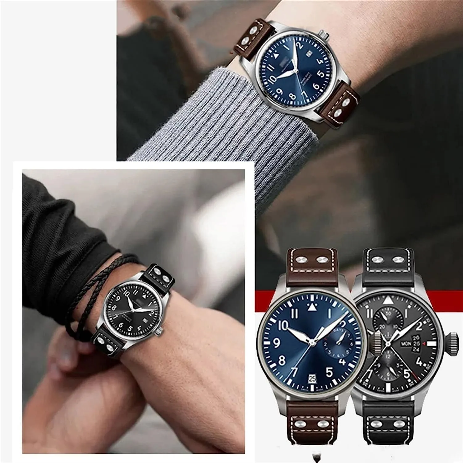 Genuine Cowhide Leather Rivets Watchband For IWC Big Pilot Spitfire Men Watch Strap With Folding Buckle 21mm 22mm