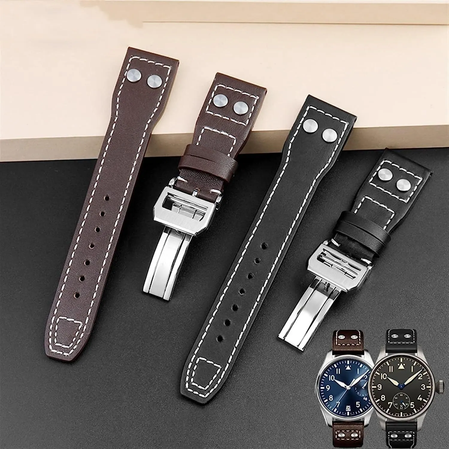 Genuine Cowhide Leather Rivets Watchband For IWC Big Pilot Spitfire Men Watch Strap With Folding Buckle 21mm 22mm