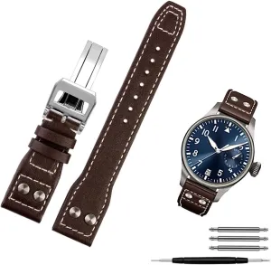 Genuine Cowhide Leather Rivets Watchband For IWC Big Pilot Spitfire Men Watch Strap With Folding Buckle 21mm 22mm