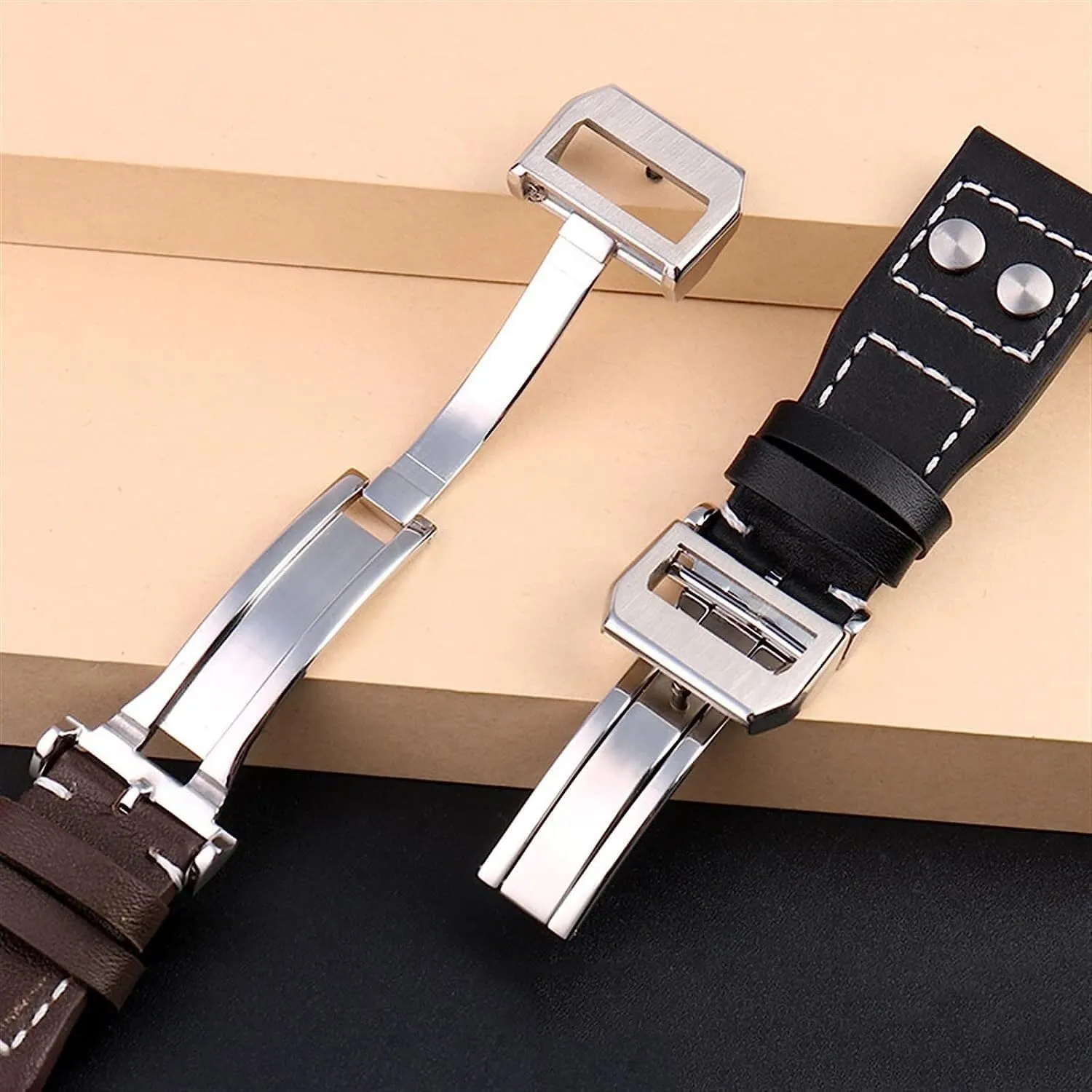 Genuine Cowhide Leather Rivets Watchband For IWC Big Pilot Spitfire Men Watch Strap With Folding Buckle 21mm 22mm