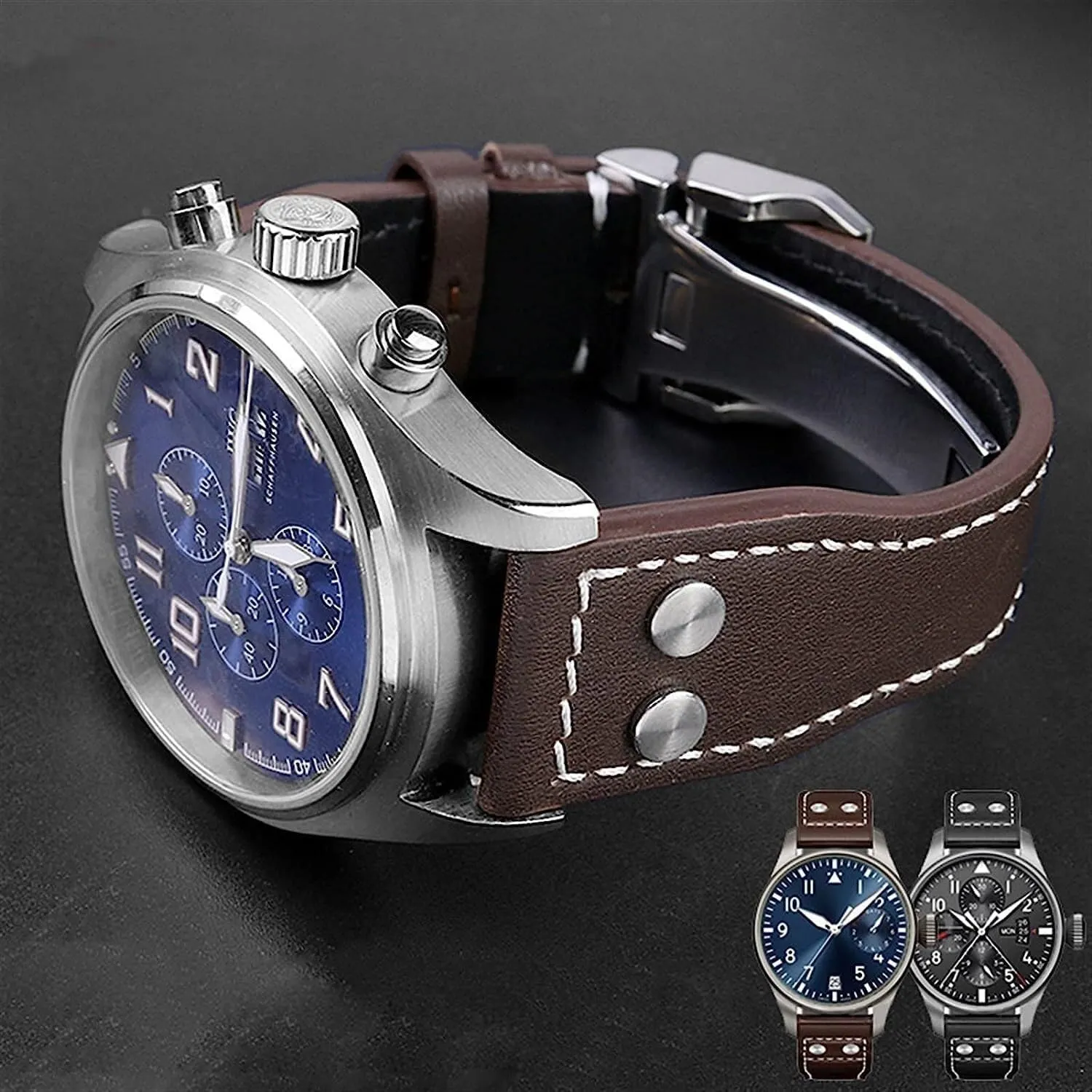 Genuine Cowhide Leather Rivets Watchband For IWC Big Pilot Spitfire Men Watch Strap With Folding Buckle 21mm 22mm