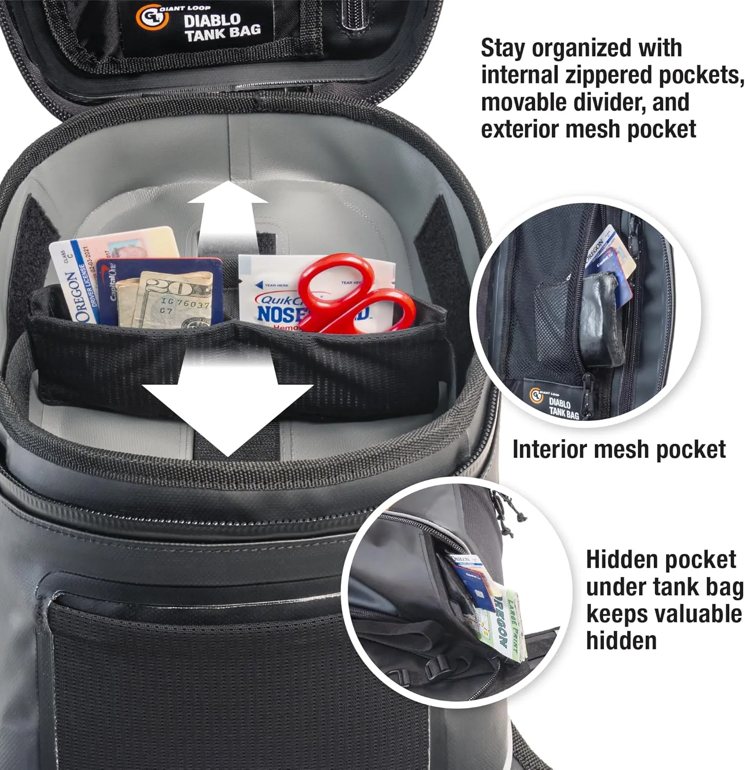 Giant Loop Diablo Tank Bag, Black Waterproof Motorcycle Tank Bag, 6-Liters Capacity for Small Items, Fits Any Dirt Bike, Adventure, Dual Sport & More