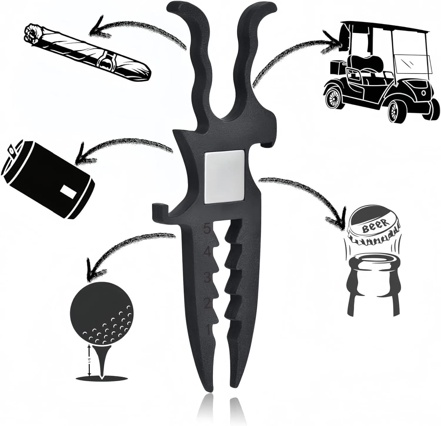 GIMEE Golf Multi-Tool – Magnetic Cigar Holder, Divot Repair Tool, Beer Shotgun Opener & Tee Height Setter – Golf Cart Accessories & Gifts for Men – Golf Course Essentials – Patent Application