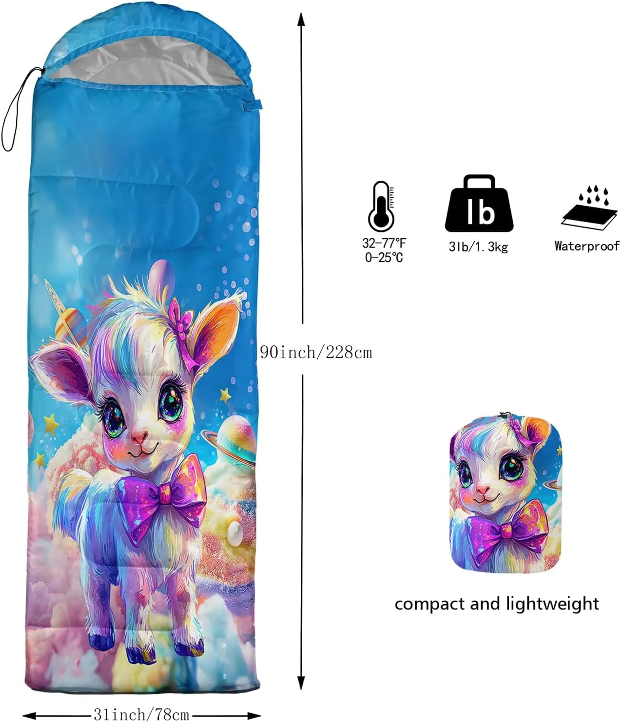 Girls Unicorn Camping Sleeping Bag,Lightweight & Waterproof,3 Season Warm & Cold Weather,Portable,Beautiful Purple Lavender Sleeping Bag for Boys Girls Adults,Traveling,Camping,Hiking