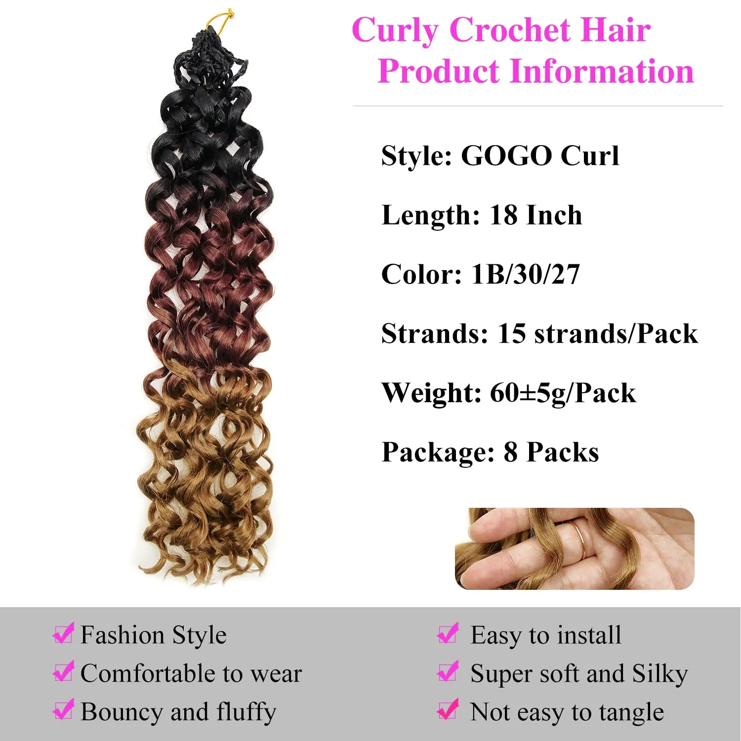 Gogo 18 Inch Pre Looped Crochet Hair - Synthetic, Tangle-Free, Natural Look Curly Hair Extensions (1B/30/27) - 8 Packs, Deep Wave, Beach Curl, Ocean/Water Curl