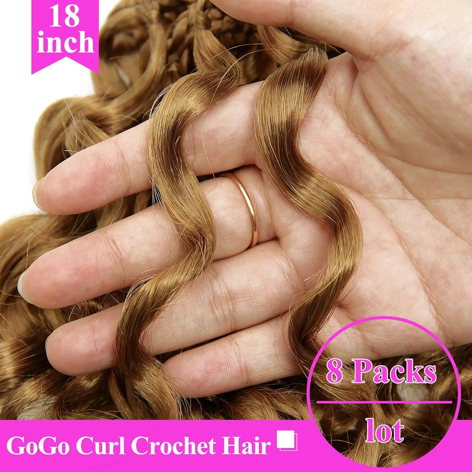 Gogo 18 Inch Pre Looped Crochet Hair - Synthetic, Tangle-Free, Natural Look Curly Hair Extensions (1B/30/27) - 8 Packs, Deep Wave, Beach Curl, Ocean/Water Curl