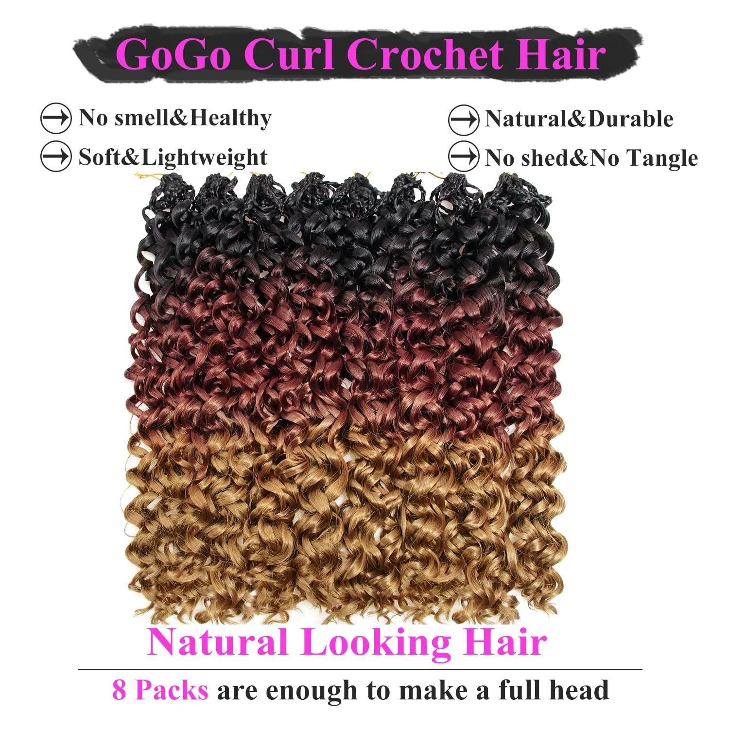 Gogo 18 Inch Pre Looped Crochet Hair - Synthetic, Tangle-Free, Natural Look Curly Hair Extensions (1B/30/27) - 8 Packs, Deep Wave, Beach Curl, Ocean/Water Curl