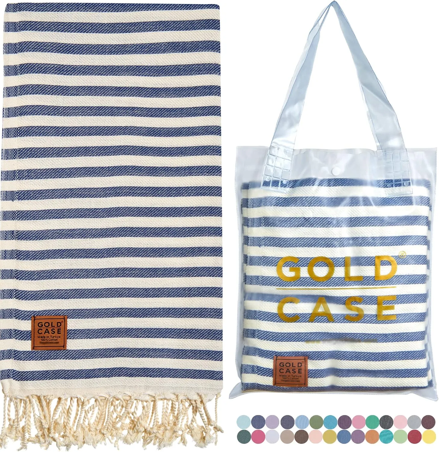 Gold CASE Turkish Beach Towel – 100% Cotton Large Turkish Bath Towels with Bag 71 x 40'' – MYRA Oversized, Quick Dry & Sand Free Towels – Lightweight Peshtemal – Navy Blue