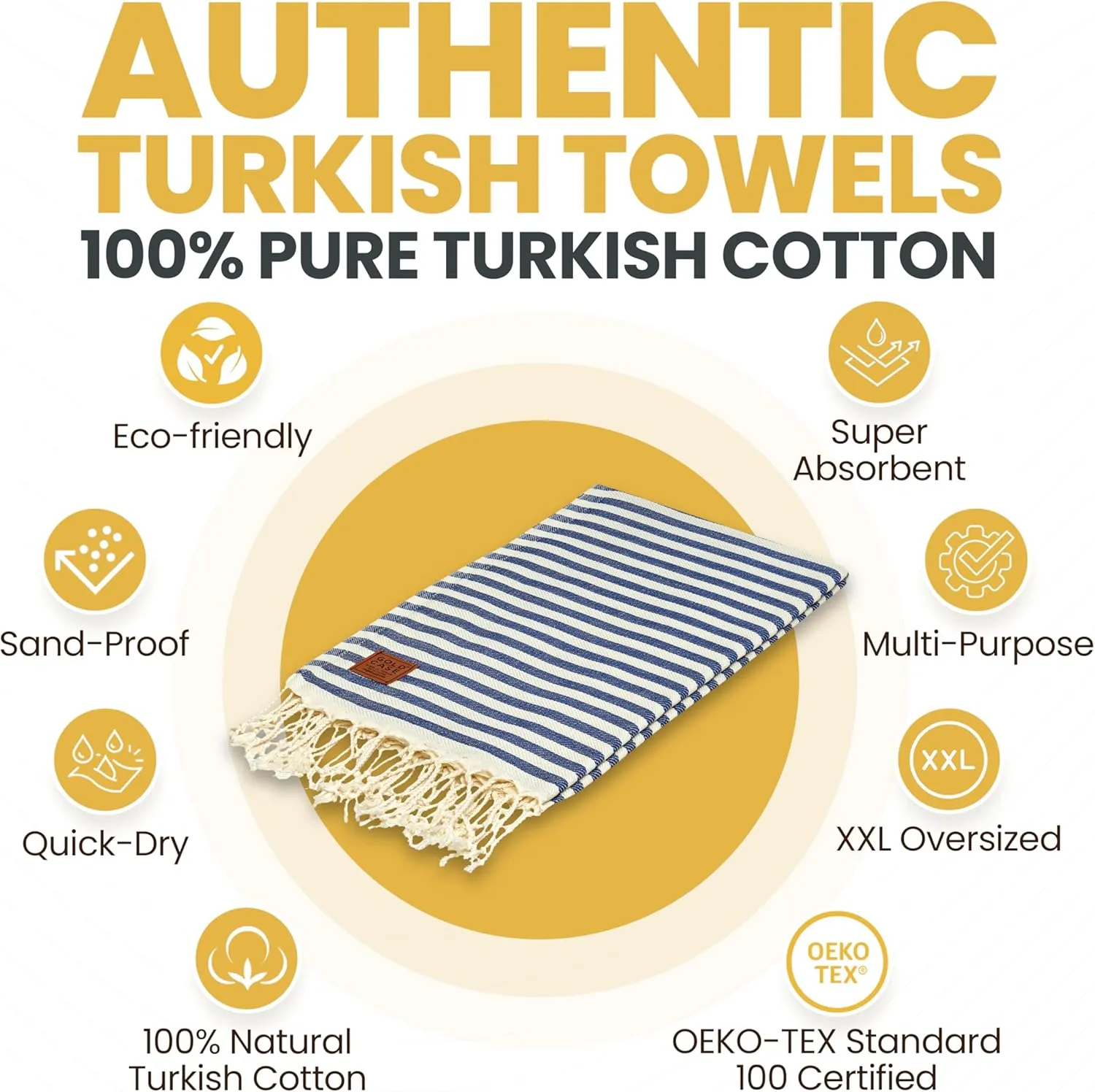 Gold CASE Turkish Beach Towel – 100% Cotton Large Turkish Bath Towels with Bag 71 x 40'' – MYRA Oversized, Quick Dry & Sand Free Towels – Lightweight Peshtemal – Navy Blue