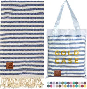 Gold CASE Turkish Beach Towel – 100% Cotton Large Turkish Bath Towels with Bag 71 x 40'' – MYRA Oversized, Quick Dry & Sand Free Towels – Lightweight Peshtemal – Navy Blue
