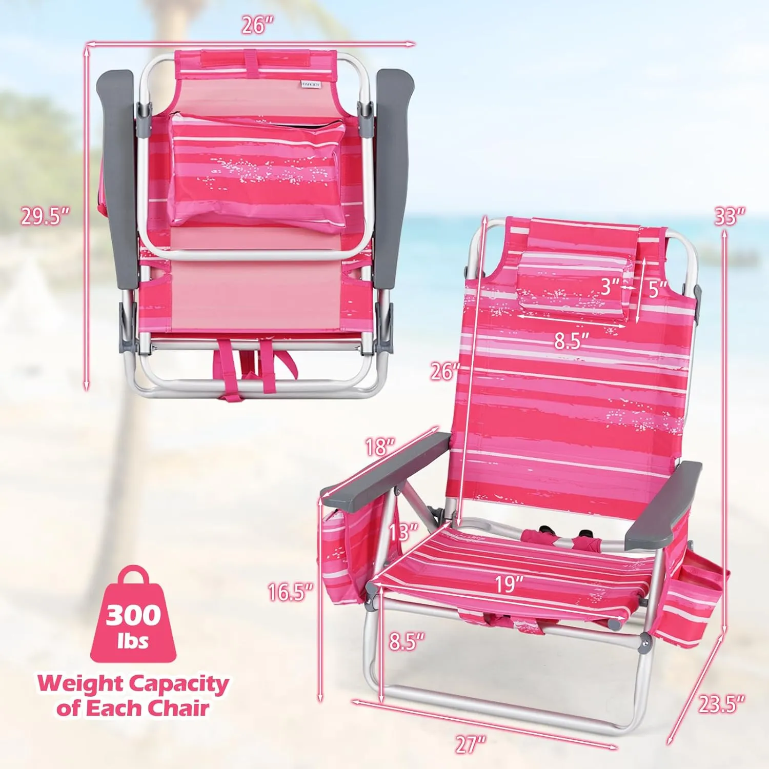 Goplus Beach Chair, Folding Backpack Beach Chairs for Adults with 5 Positions, Head Pillow, Cooler Bag, Towel Bar, Cup Holders, Sunbath Sling Tanning Lounge, Foldable Layout Camping Chairs