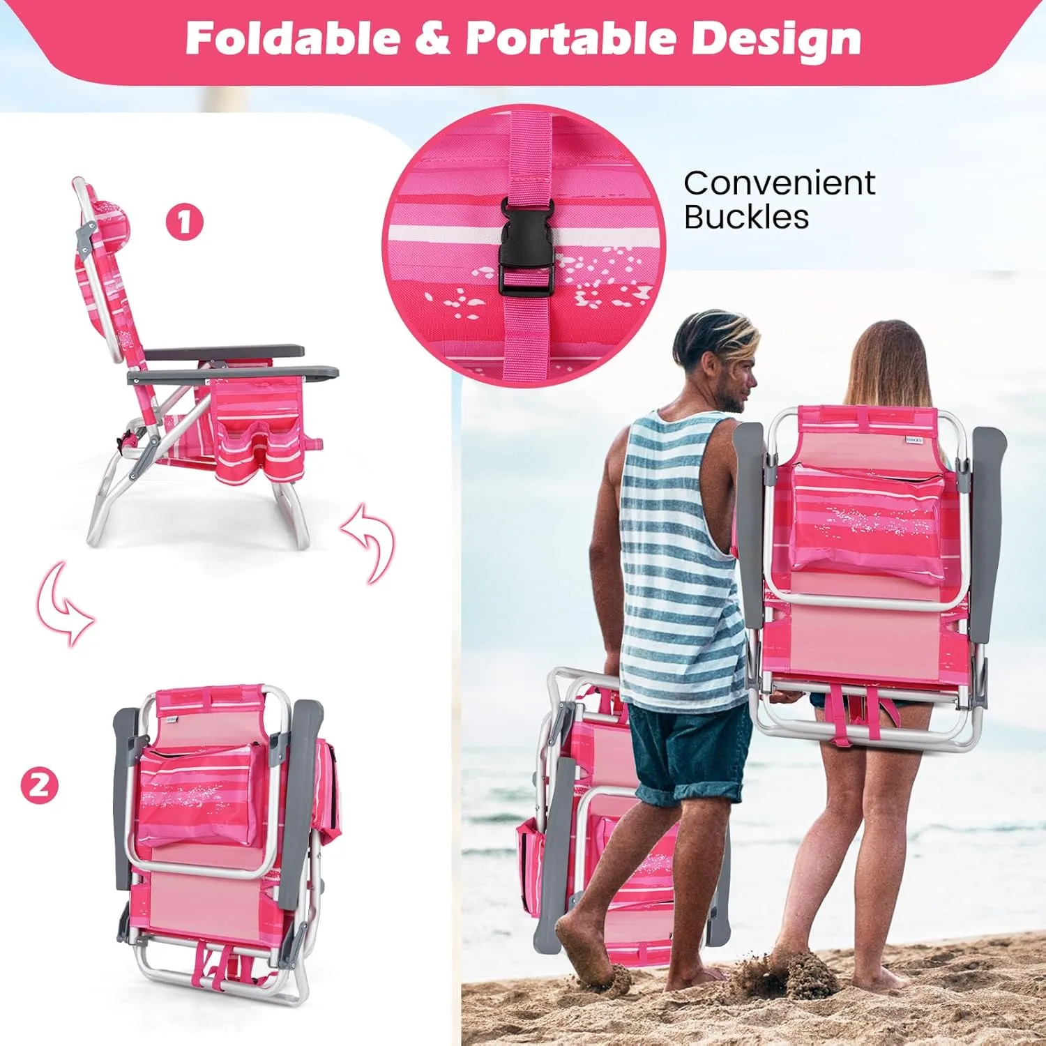 Goplus Beach Chair, Folding Backpack Beach Chairs for Adults with 5 Positions, Head Pillow, Cooler Bag, Towel Bar, Cup Holders, Sunbath Sling Tanning Lounge, Foldable Layout Camping Chairs