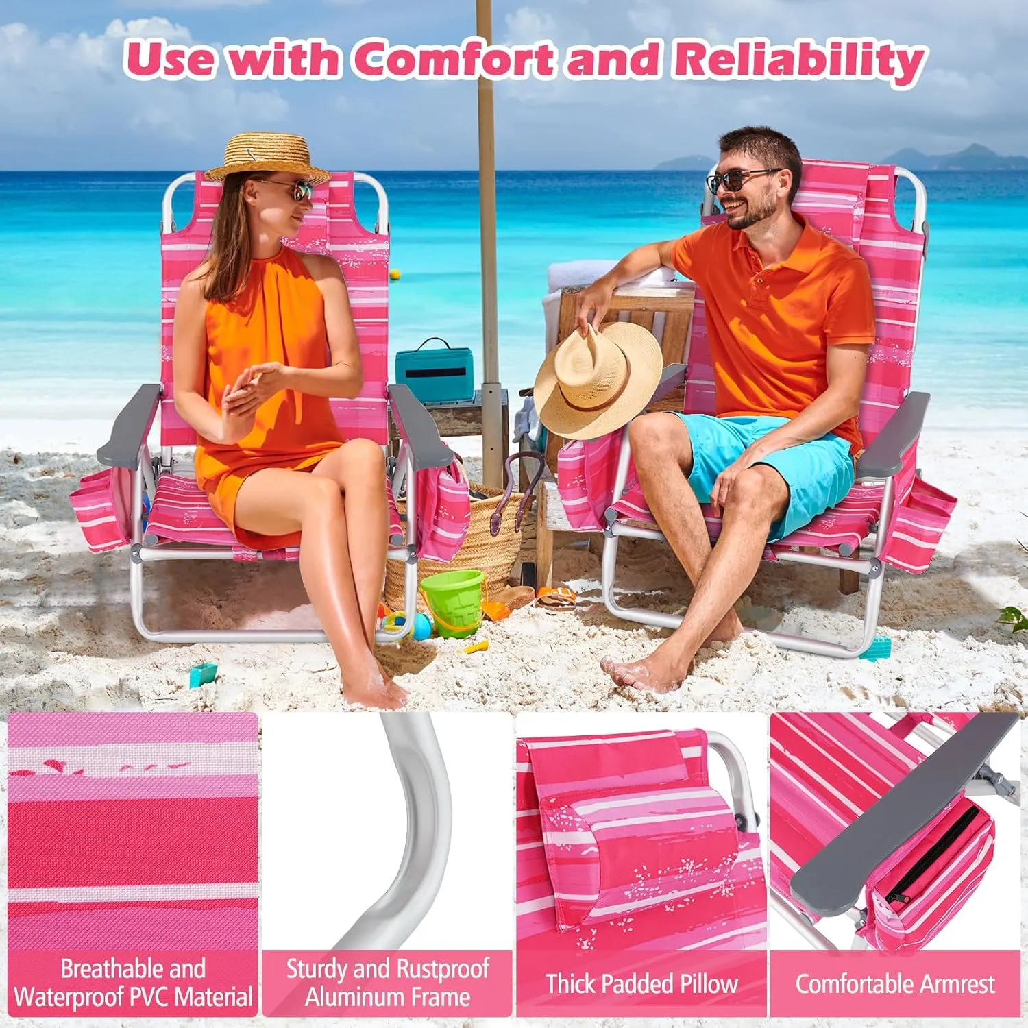 Goplus Beach Chair, Folding Backpack Beach Chairs for Adults with 5 Positions, Head Pillow, Cooler Bag, Towel Bar, Cup Holders, Sunbath Sling Tanning Lounge, Foldable Layout Camping Chairs