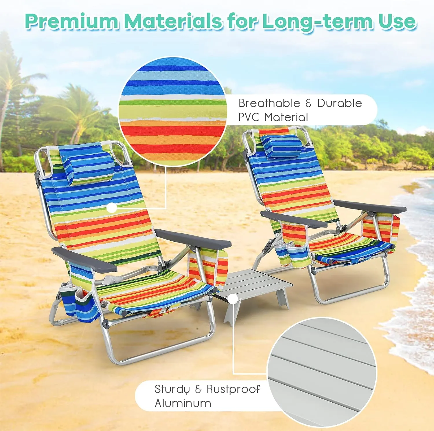 Goplus Beach Chair, Folding Backpack Beach Chairs for Adults with 5 Positions, Head Pillow, Cooler Bag, Towel Bar, Cup Holders, Sunbath Sling Tanning Lounge, Foldable Layout Camping Chairs