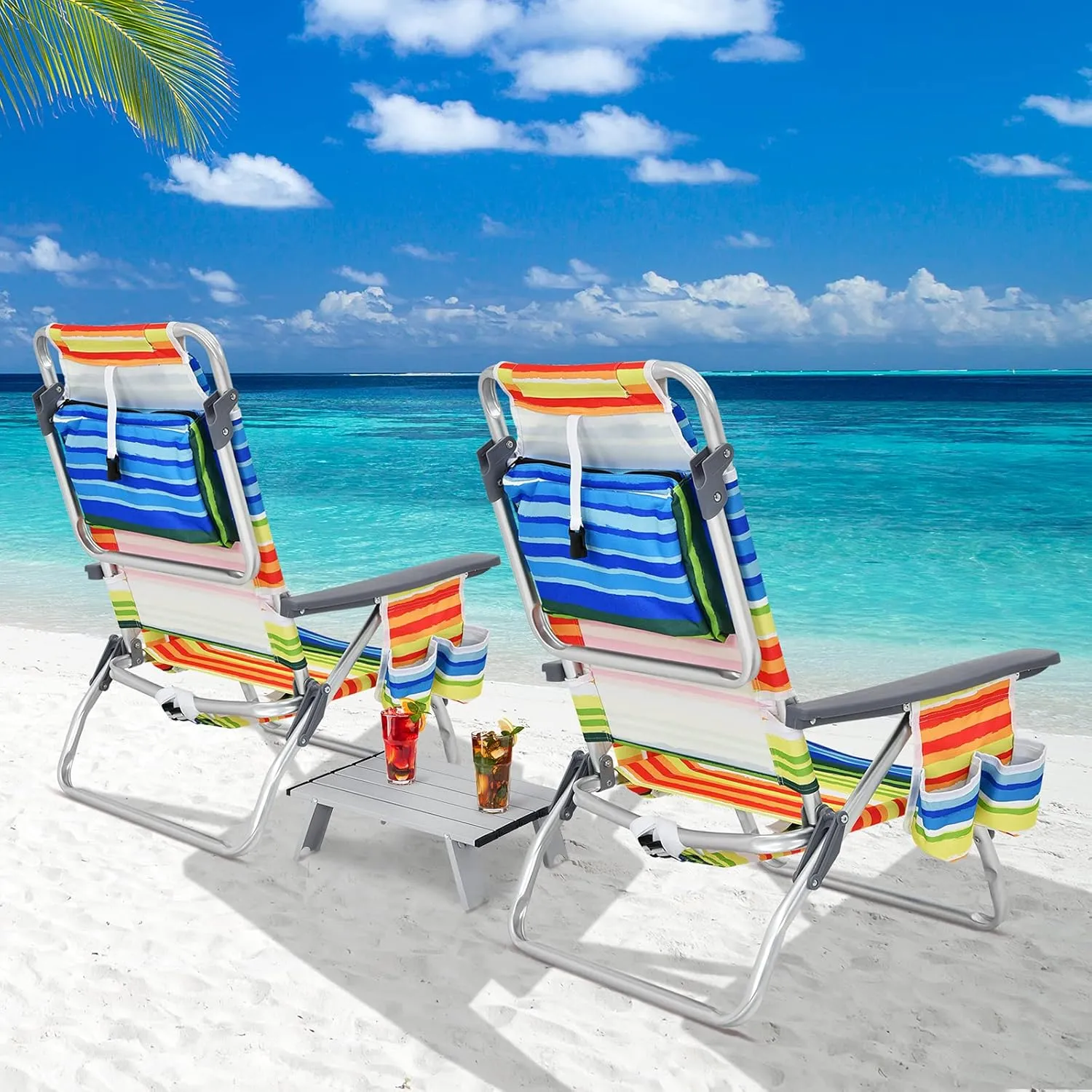 Goplus Beach Chair, Folding Backpack Beach Chairs for Adults with 5 Positions, Head Pillow, Cooler Bag, Towel Bar, Cup Holders, Sunbath Sling Tanning Lounge, Foldable Layout Camping Chairs