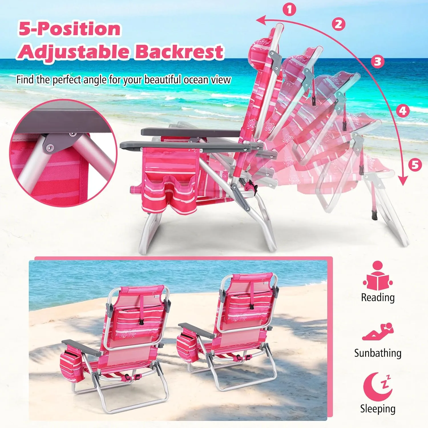 Goplus Beach Chair, Folding Backpack Beach Chairs for Adults with 5 Positions, Head Pillow, Cooler Bag, Towel Bar, Cup Holders, Sunbath Sling Tanning Lounge, Foldable Layout Camping Chairs