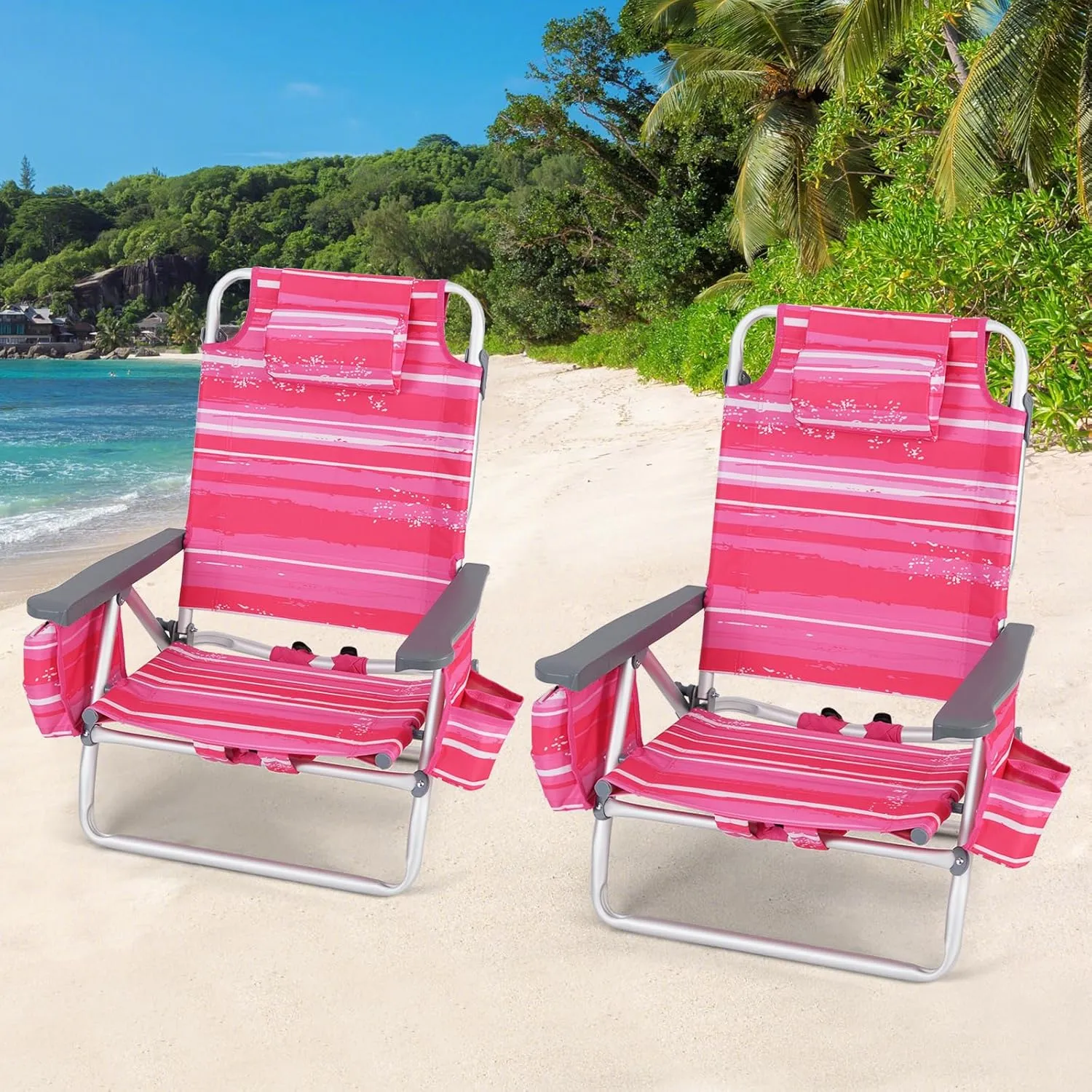 Goplus Beach Chair, Folding Backpack Beach Chairs for Adults with 5 Positions, Head Pillow, Cooler Bag, Towel Bar, Cup Holders, Sunbath Sling Tanning Lounge, Foldable Layout Camping Chairs