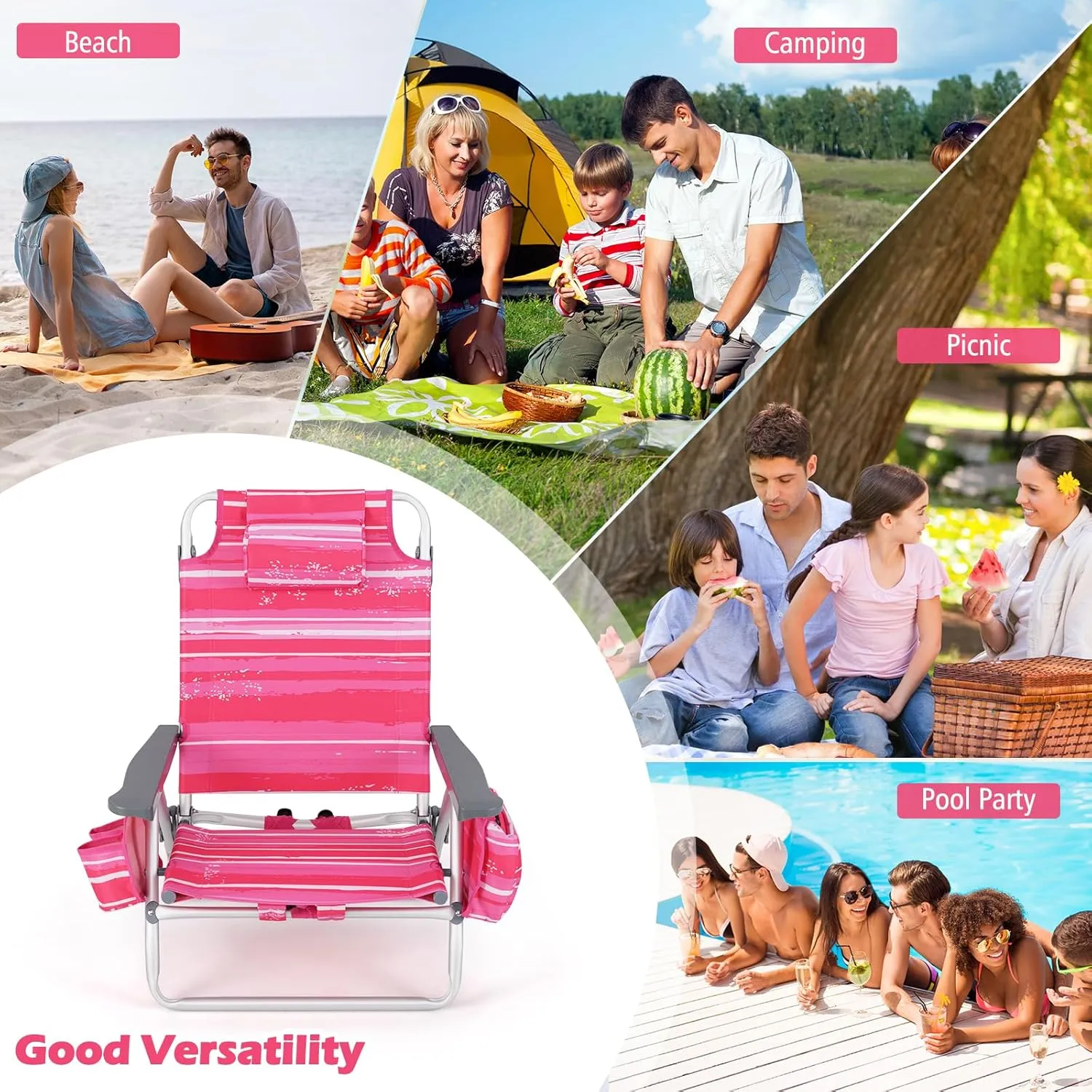 Goplus Beach Chair, Folding Backpack Beach Chairs for Adults with 5 Positions, Head Pillow, Cooler Bag, Towel Bar, Cup Holders, Sunbath Sling Tanning Lounge, Foldable Layout Camping Chairs