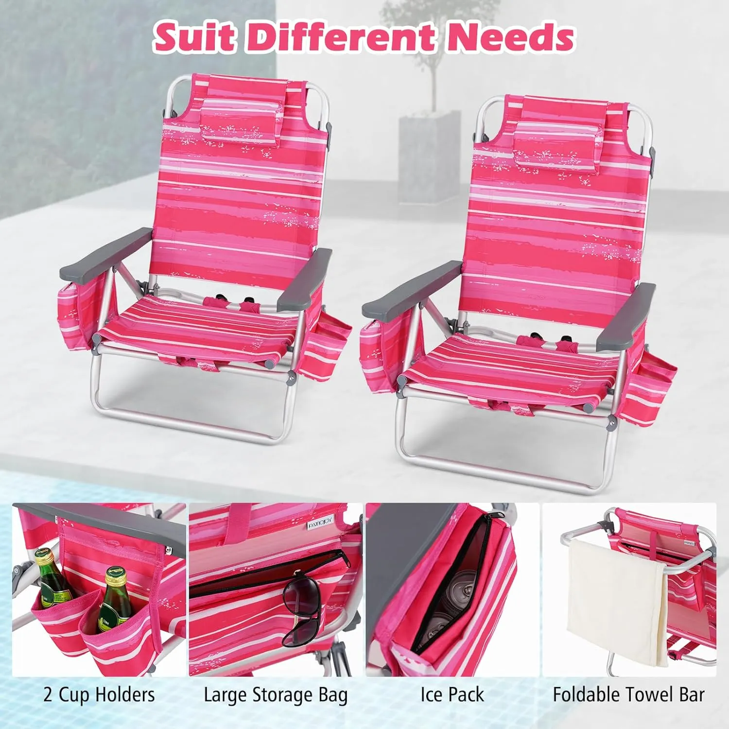 Goplus Beach Chair, Folding Backpack Beach Chairs for Adults with 5 Positions, Head Pillow, Cooler Bag, Towel Bar, Cup Holders, Sunbath Sling Tanning Lounge, Foldable Layout Camping Chairs