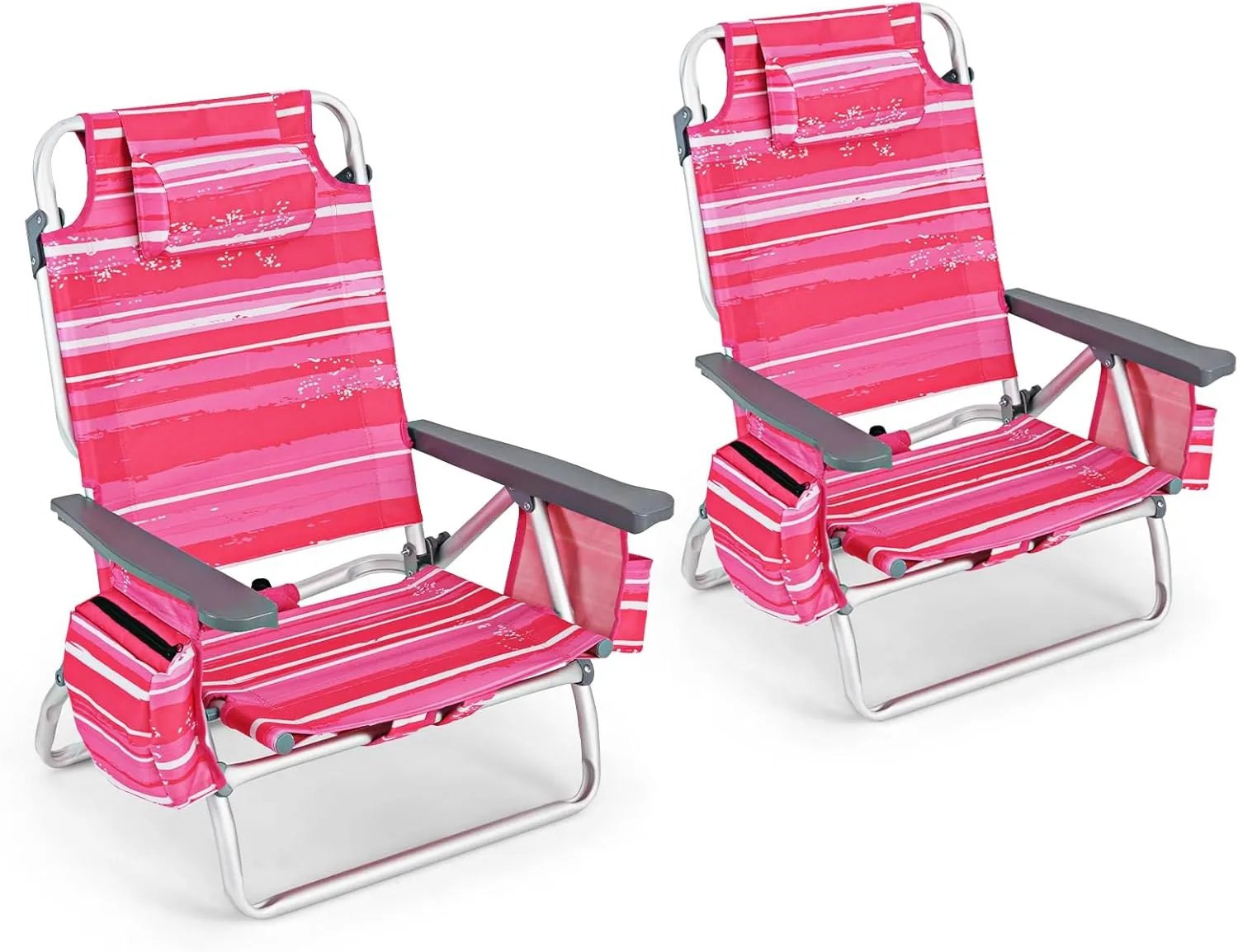 Goplus Beach Chair, Folding Backpack Beach Chairs for Adults with 5 Positions, Head Pillow, Cooler Bag, Towel Bar, Cup Holders, Sunbath Sling Tanning Lounge, Foldable Layout Camping Chairs