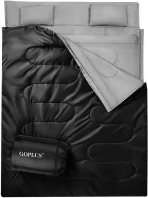 Goplus Double Sleeping Bag for Adults Kids, Queen Size XL 2 Person, Cold Warm Weather 4 Season Water-Proof Lightweight Sleeping Bags w/2 Pillows, Compression Sack, Ideal for Camping Backpacking Hiking