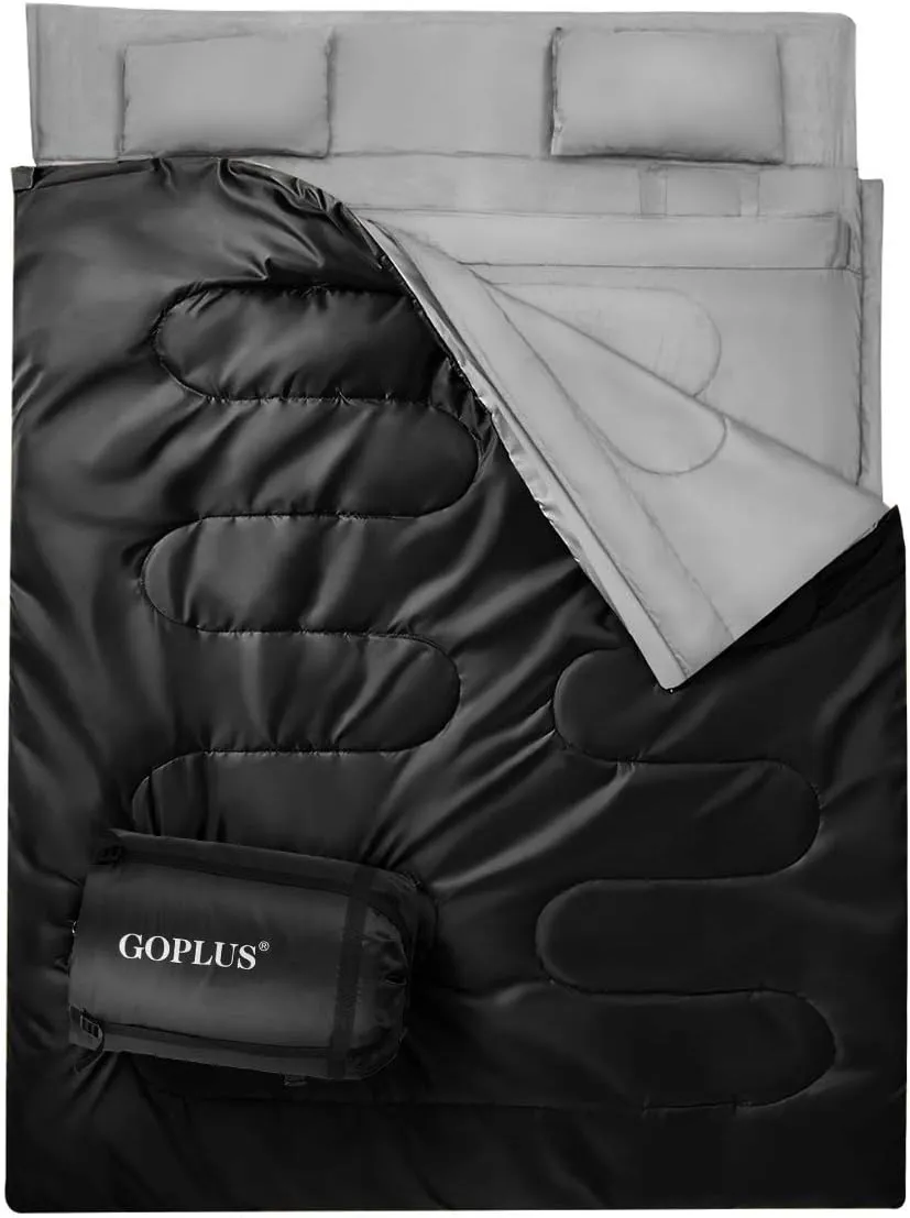 Goplus Double Sleeping Bag for Adults Kids, Queen Size XL 2 Person, Cold Warm Weather 4 Season Water-Proof Lightweight Sleeping Bags w/2 Pillows, Compression Sack, Ideal for Camping Backpacking Hiking
