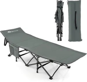 Goplus Folding Camping Cot, 27.5" Sleeping Cot for Adults with Carry Bag, 600LBS Weight Capacity, Slanted Head, Side Pocket, Heavy Duty Portable Camping Bed for Kids, Beach, Office Snap (Gray)