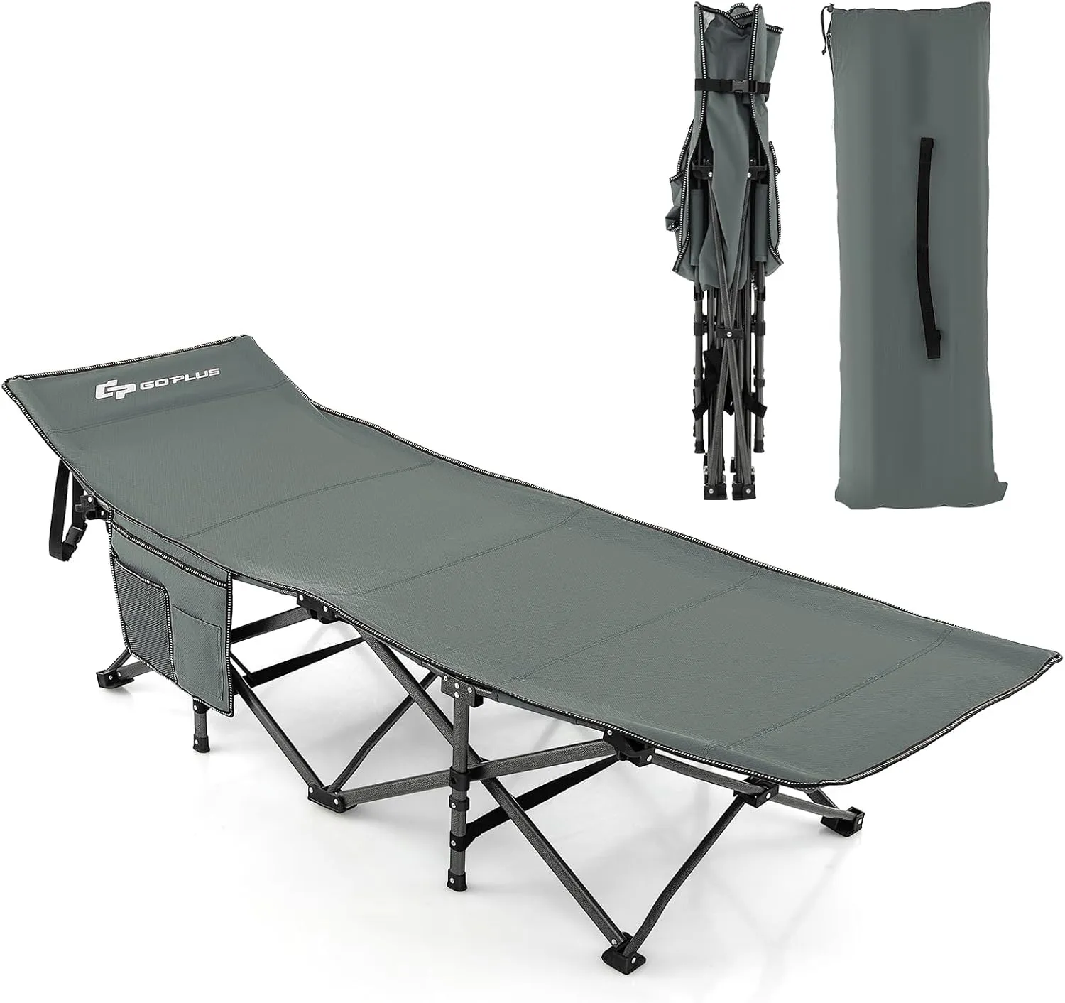 Goplus Folding Camping Cot, 27.5" Sleeping Cot for Adults with Carry Bag, 600LBS Weight Capacity, Slanted Head, Side Pocket, Heavy Duty Portable Camping Bed for Kids, Beach, Office Snap (Gray)