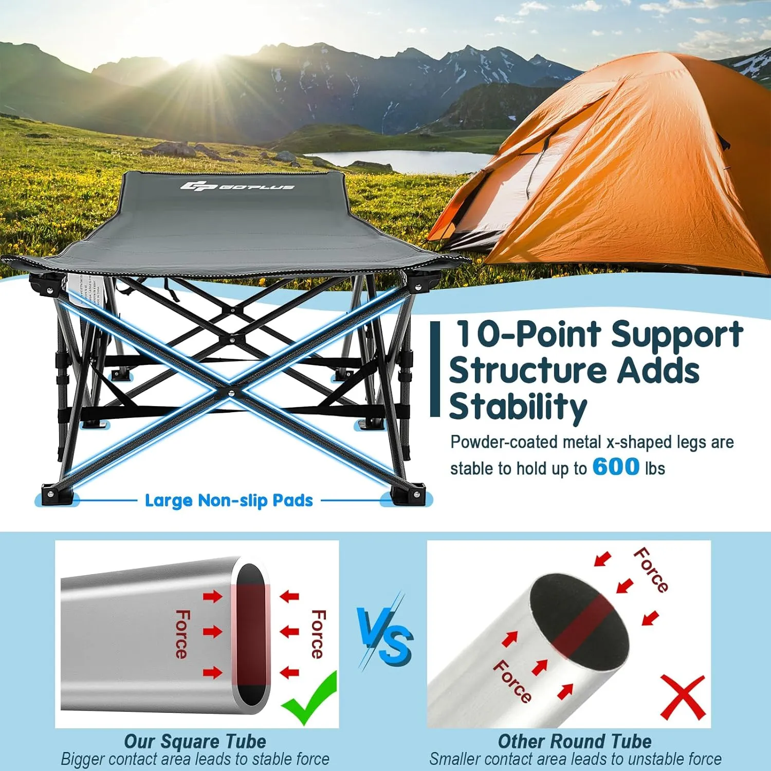 Goplus Folding Camping Cot, 27.5" Sleeping Cot for Adults with Carry Bag, 600LBS Weight Capacity, Slanted Head, Side Pocket, Heavy Duty Portable Camping Bed for Kids, Beach, Office Snap (Gray)