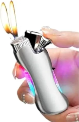 Gradient Color Metal Dual Flame Butane Lighters with Transparent Air Chamber, Windproof Soft Flame, Adjustable Flame Size, Refillable Fuel, Outdoor Camping Portable Lighter (Butane Not Included)(Silve
