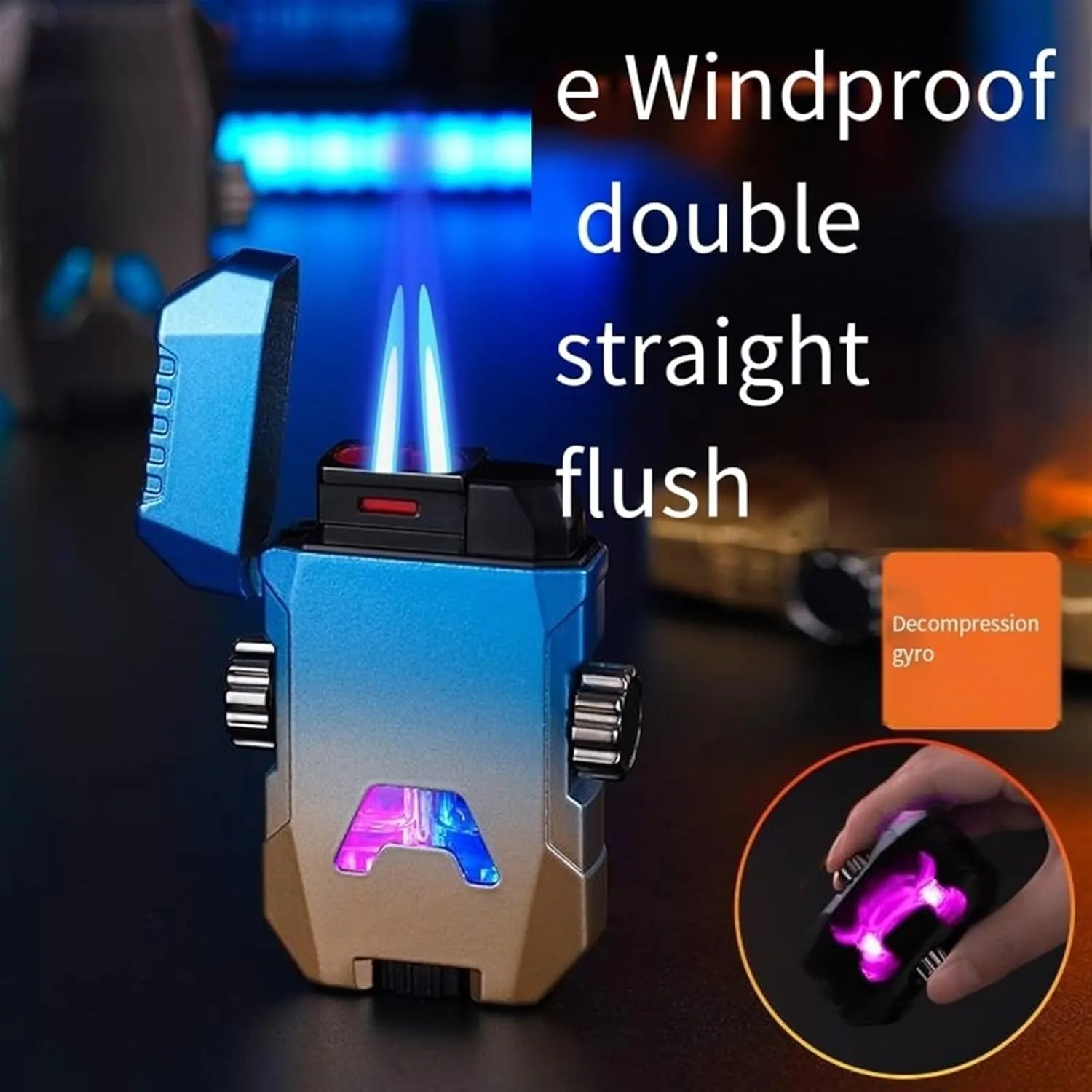Gradient Color Metal flip-top Butane lighters, Windproof Jet Double Flame Classic Lighter, Retro Mecha Adjustable Flame, refillable Gas Portable Lighter, Gift for Men (Fuel not Included)(Blue)