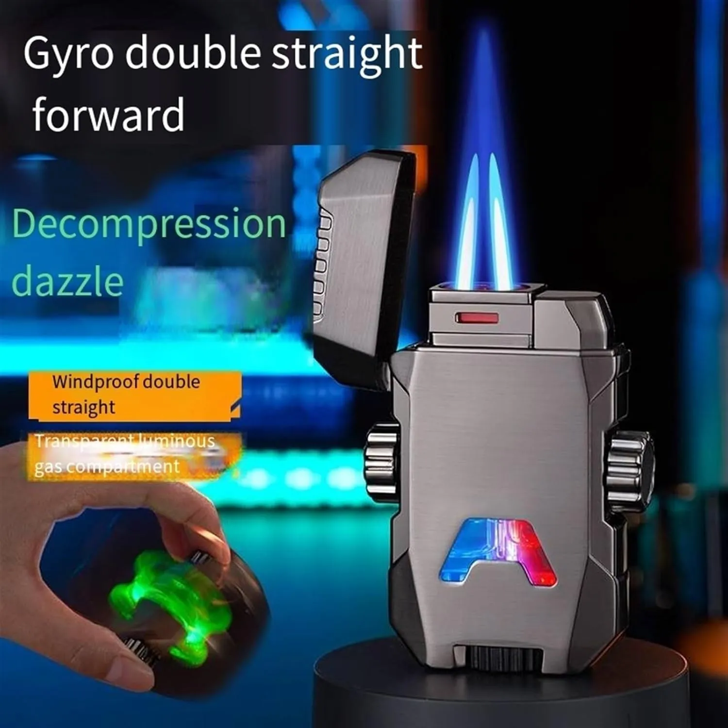 Gradient Color Metal flip-top Butane lighters, Windproof Jet Double Flame Classic Lighter, Retro Mecha Adjustable Flame, refillable Gas Portable Lighter, Gift for Men (Fuel not Included)(Blue)