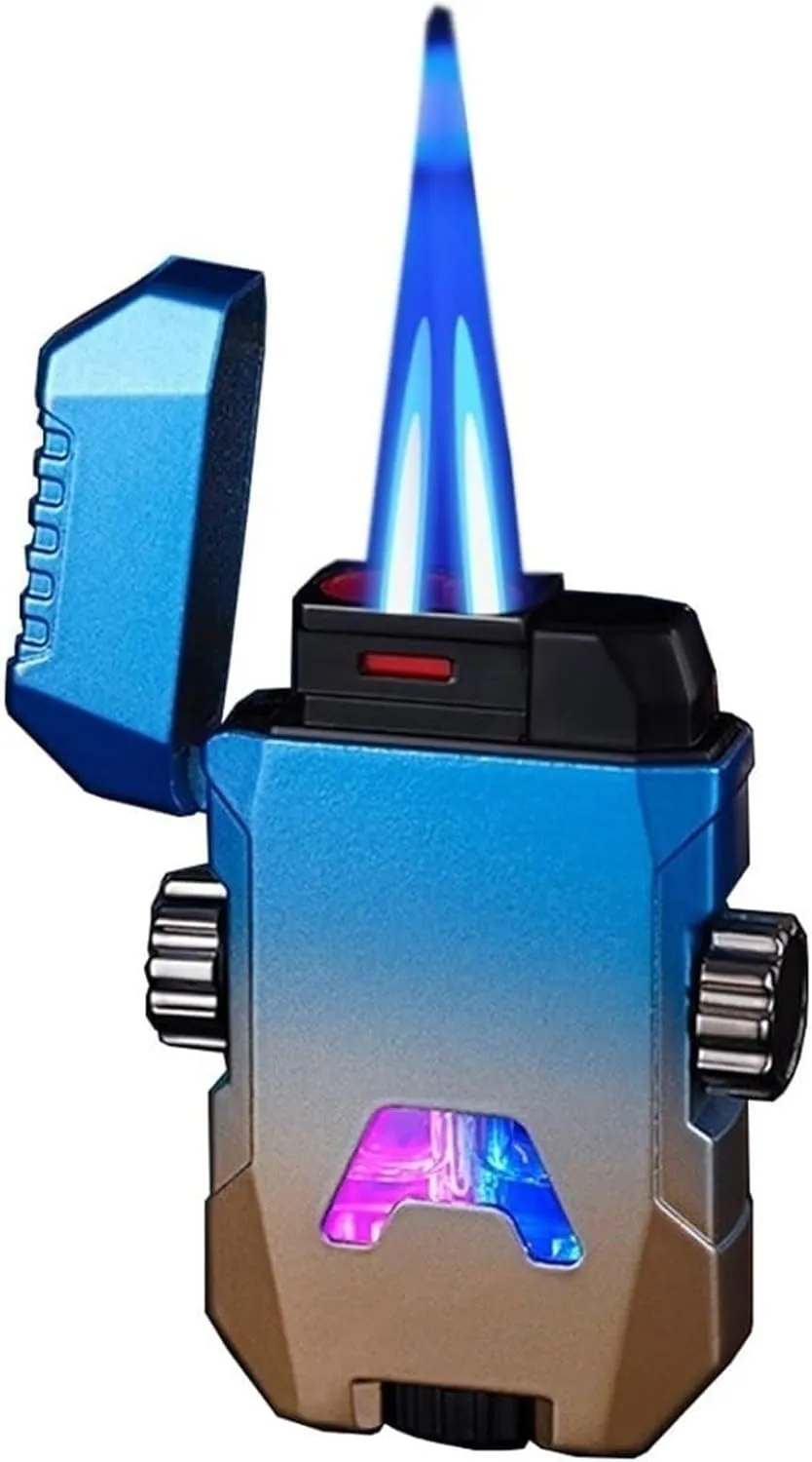 Gradient Color Metal flip-top Butane lighters, Windproof Jet Double Flame Classic Lighter, Retro Mecha Adjustable Flame, refillable Gas Portable Lighter, Gift for Men (Fuel not Included)(Blue)